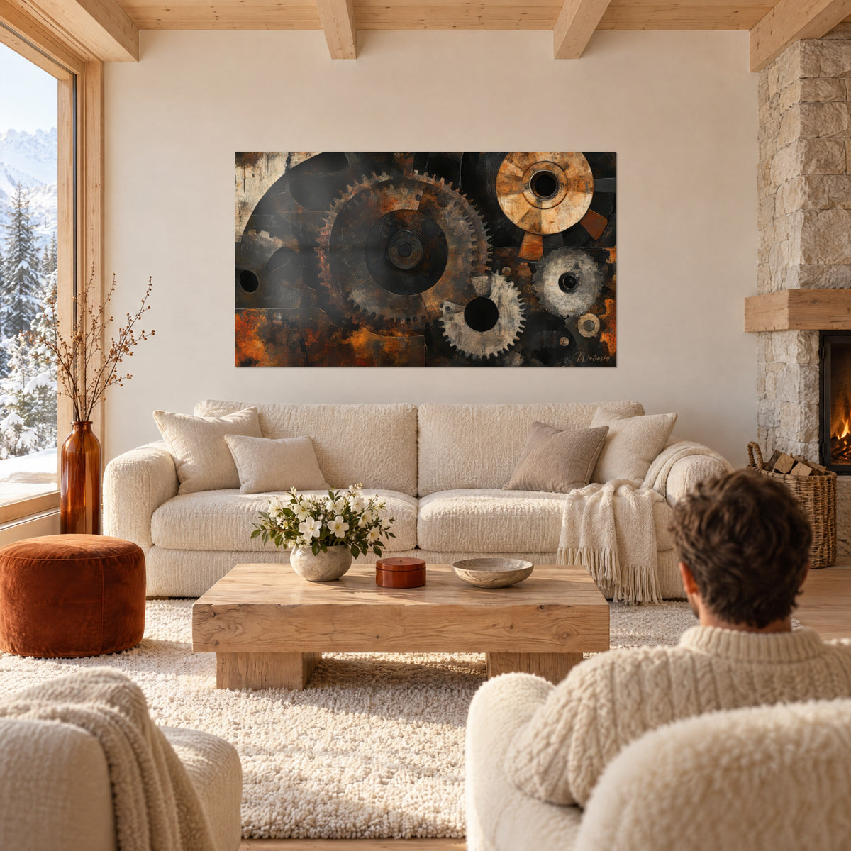 Wall art of rusted copper and black gears, central cog, two people seen from behind above a sofa in a bright living room