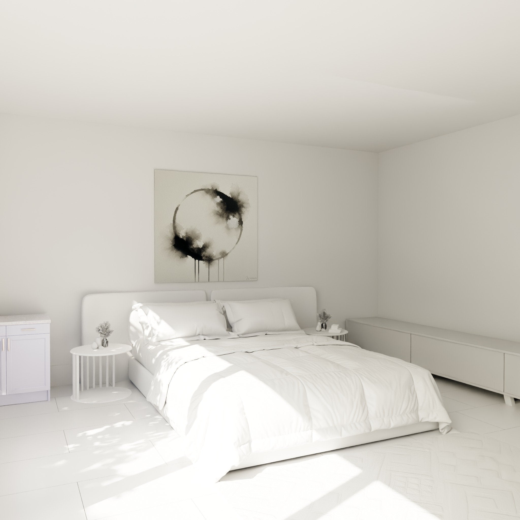 Bedroom decor with Enso artwork in grey tones, zen and soothing atmosphere
