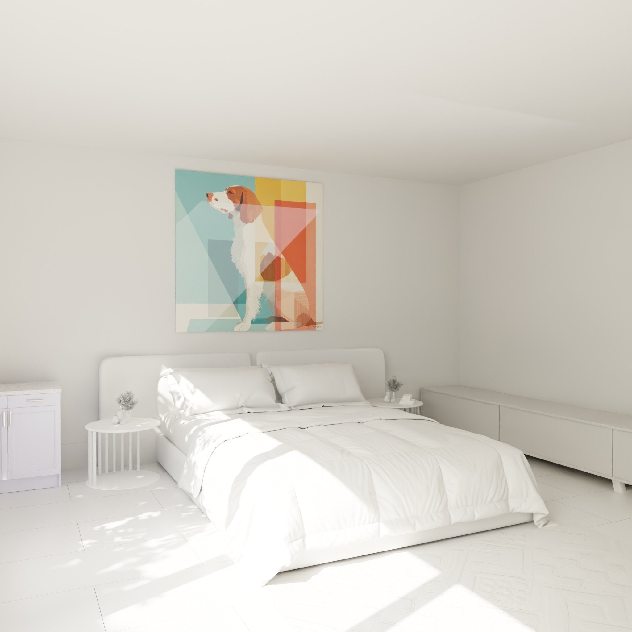 Decorazione camera da letto con quadro Spaniel Bretone geometrico dai colori vivaci, atmosfera moderna e accogliente