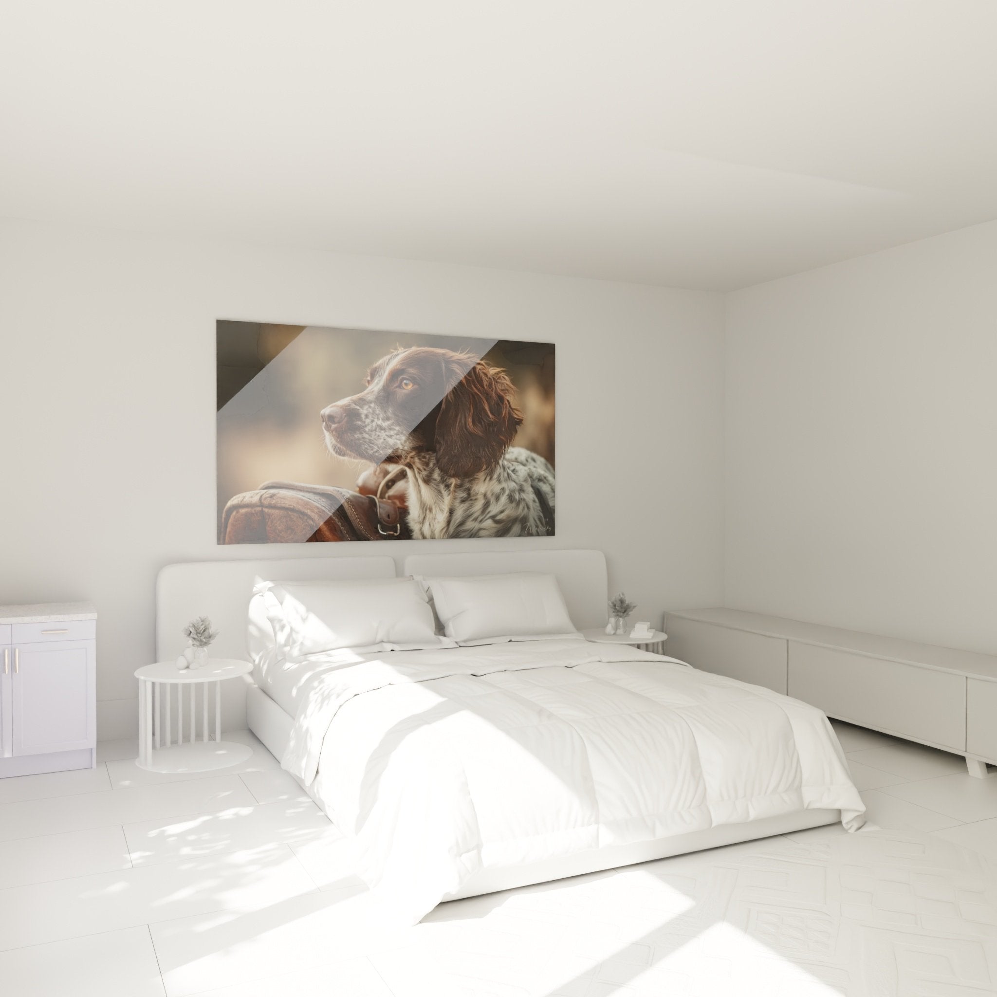 Tableau Épagneul Breton aux tons chauds décorant une chambre moderne avec mobilier en bois naturel