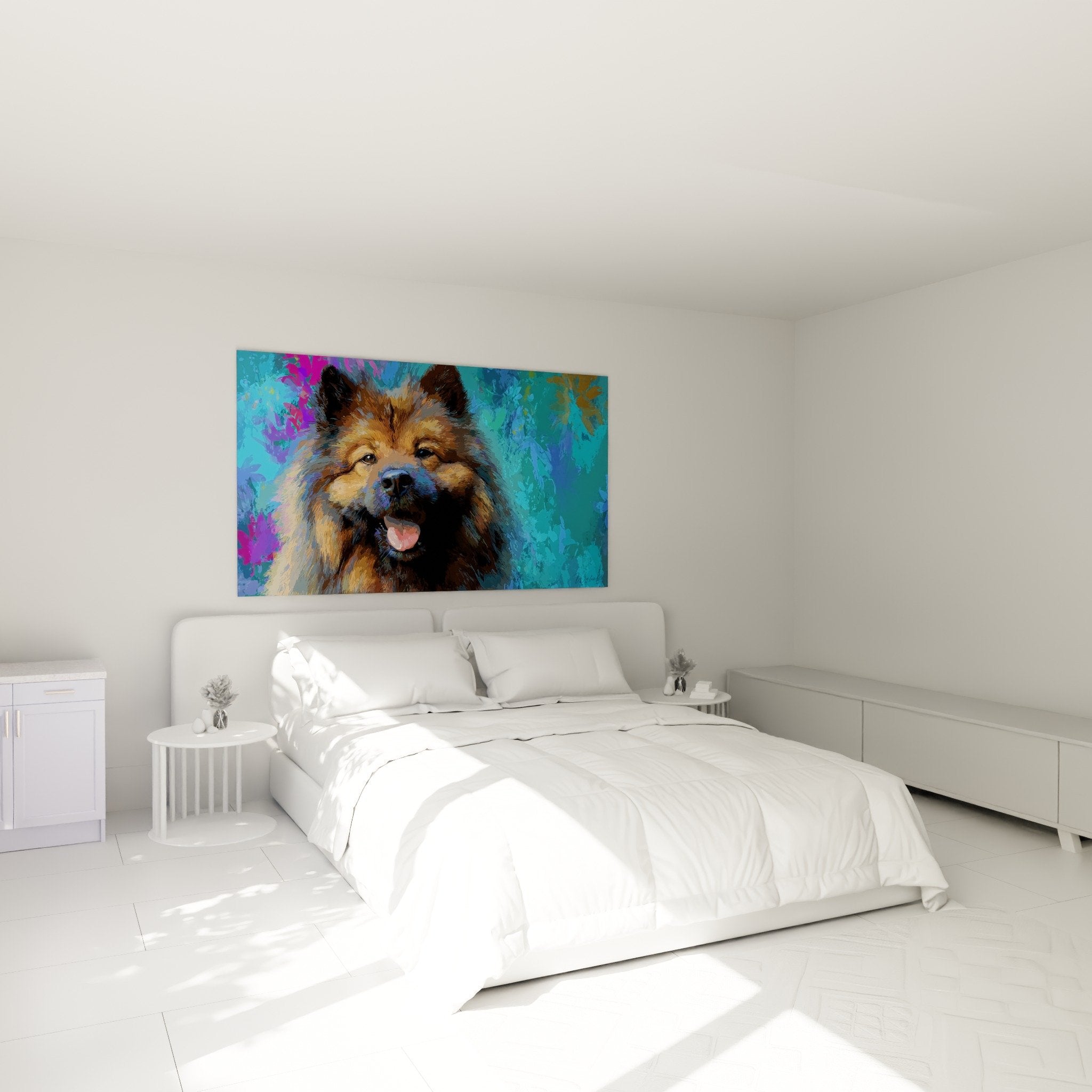 Decoration chambre tableau eurasier coloré tons bleus roses ambiance moderne chaleureuse mur blanc