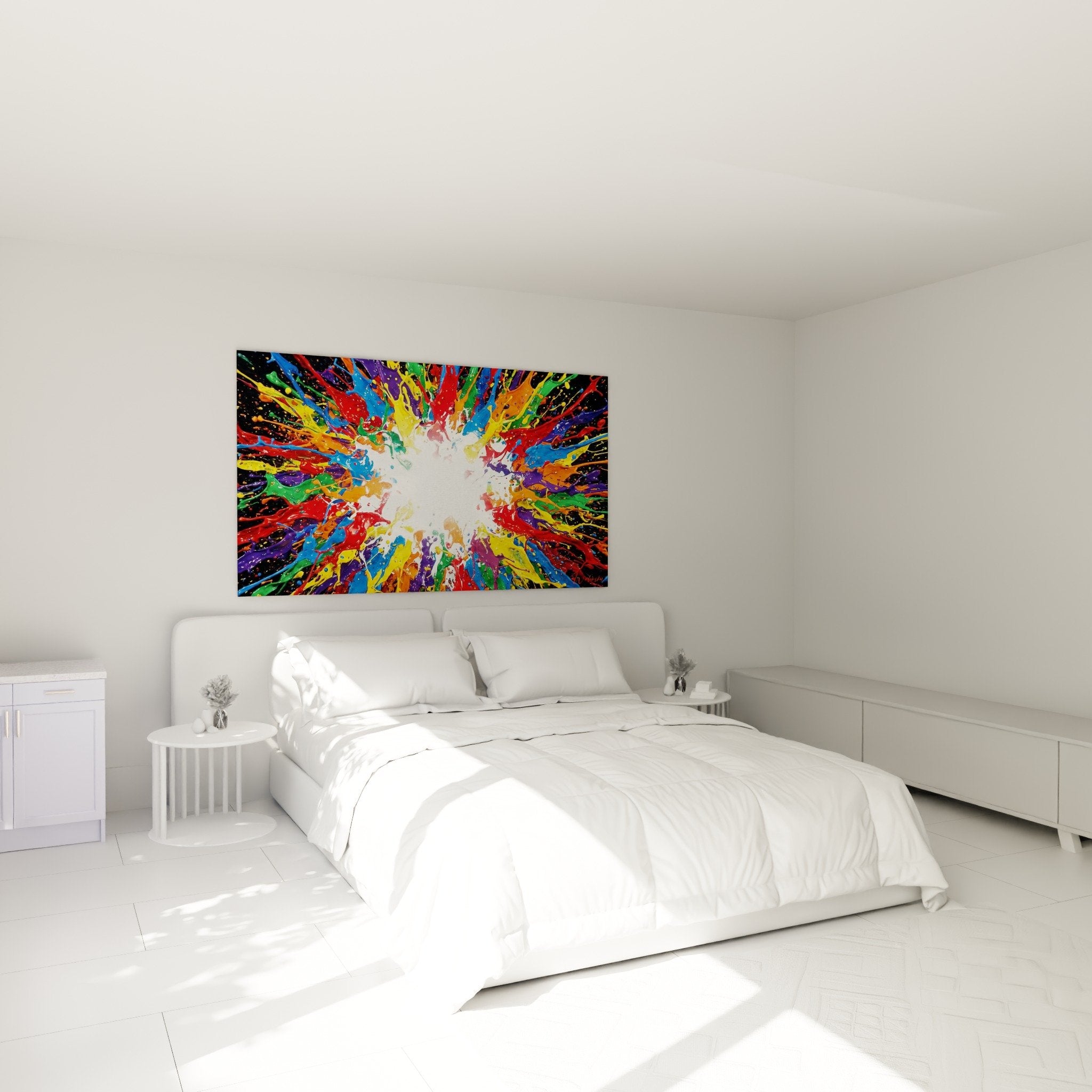 tableau explosion couleurs multicolores accroché au mur chambre moderne décoration murale dynamique