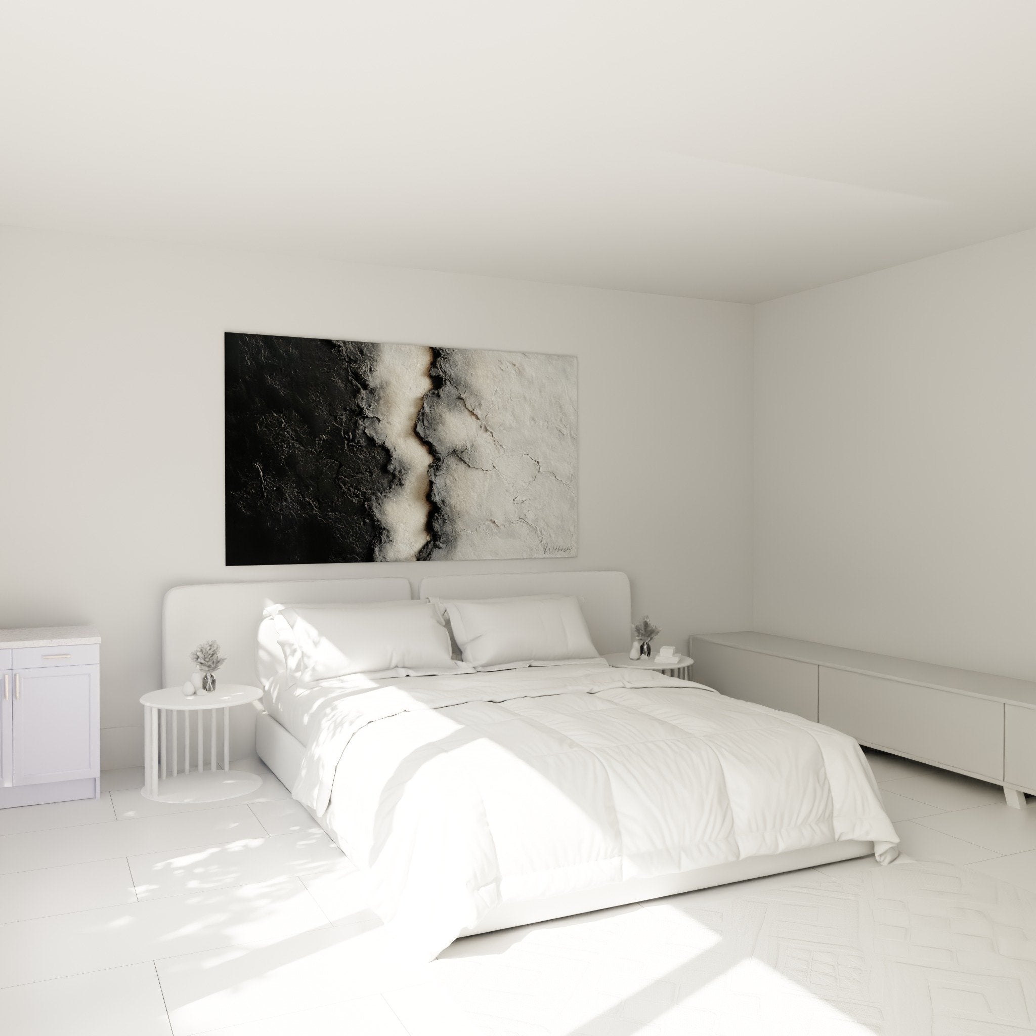 Décoration murale chambre tableau abstrait faille minérale noir blanc ambiance contemporaine