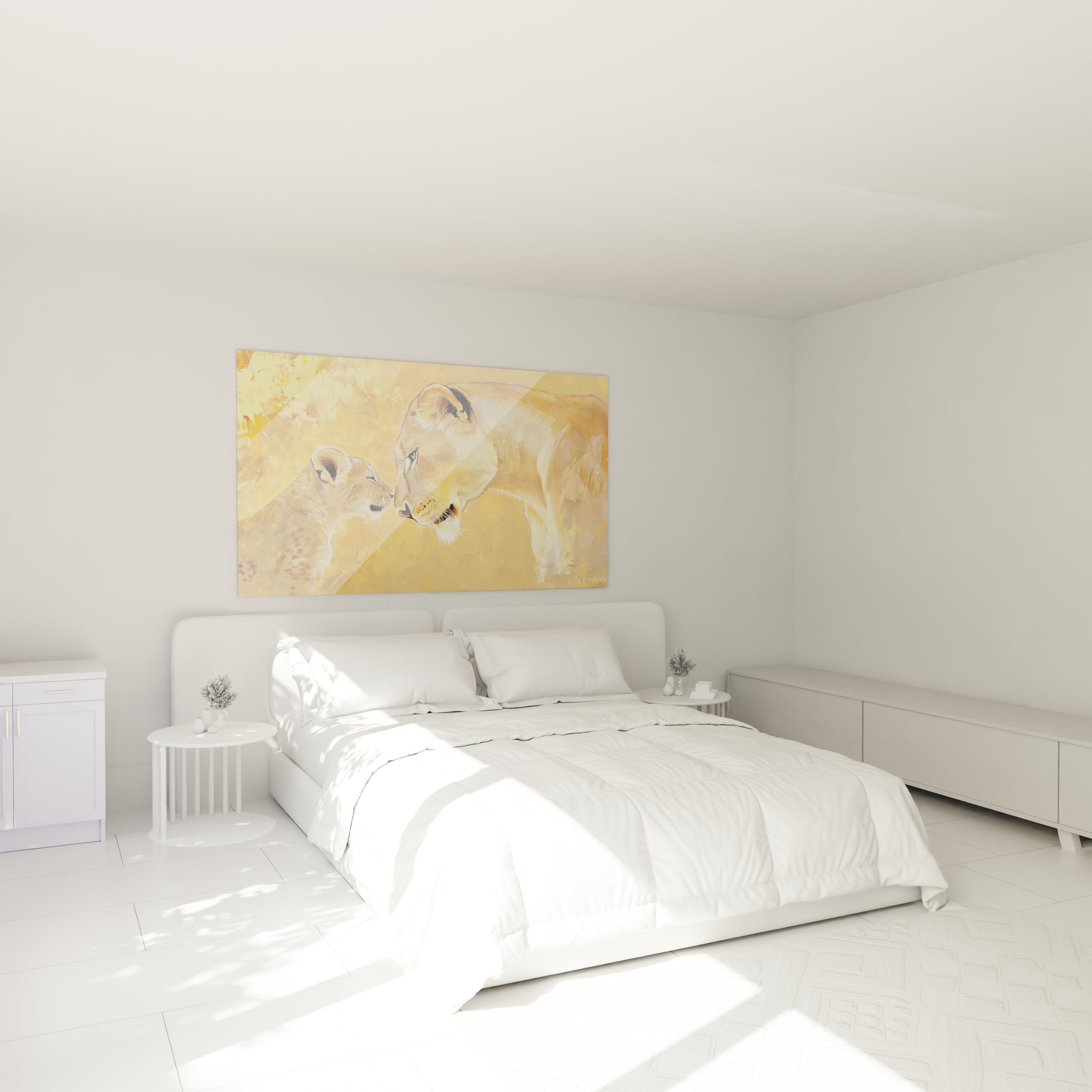 Tableau lionne Walensky avec image douce de lionne et son lionceau dans chambre blanche moderne