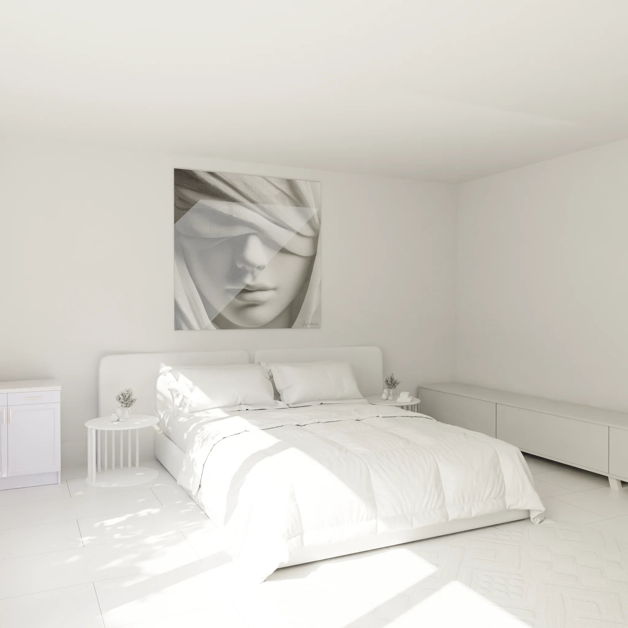 Décoration chambre avec tableau femme voilée noir et blanc ambiance zen