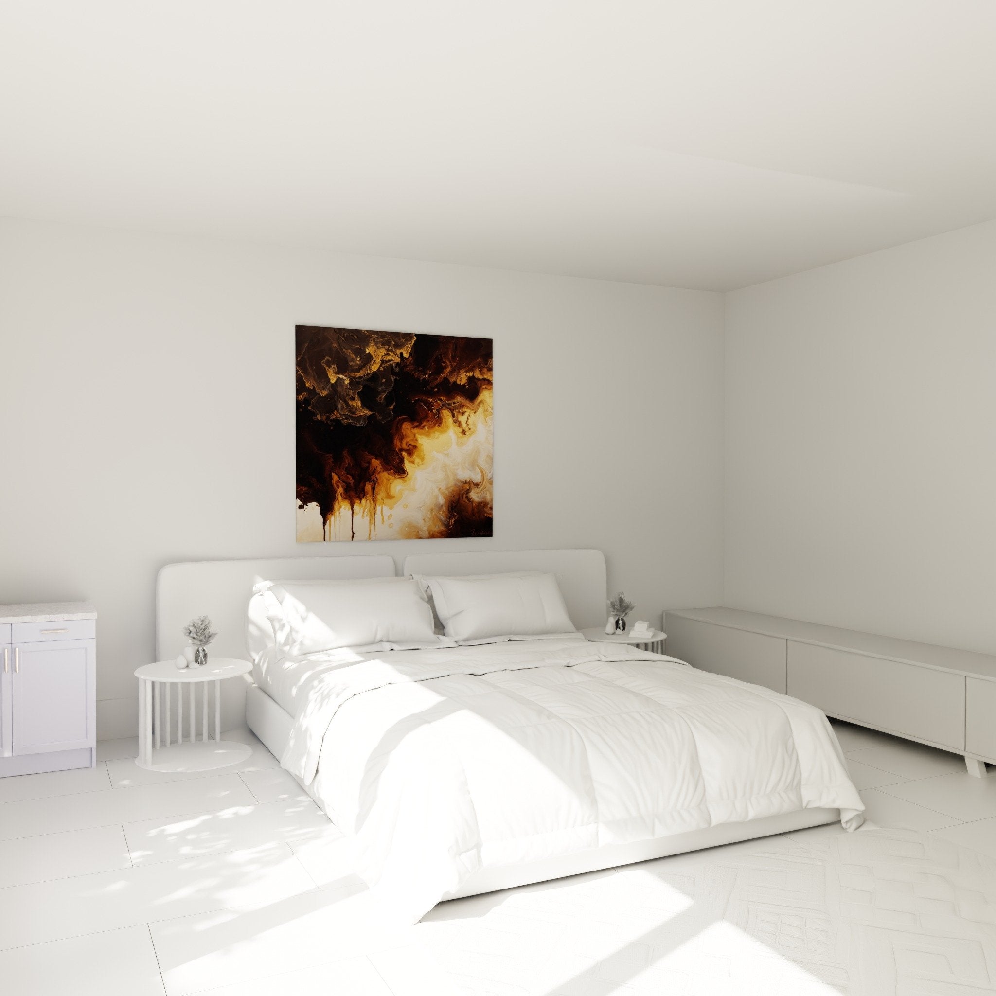 Œuvre abstraite feng shui centre terre exposée dans chambre moderne aux tons neutres et mobilier bois naturel