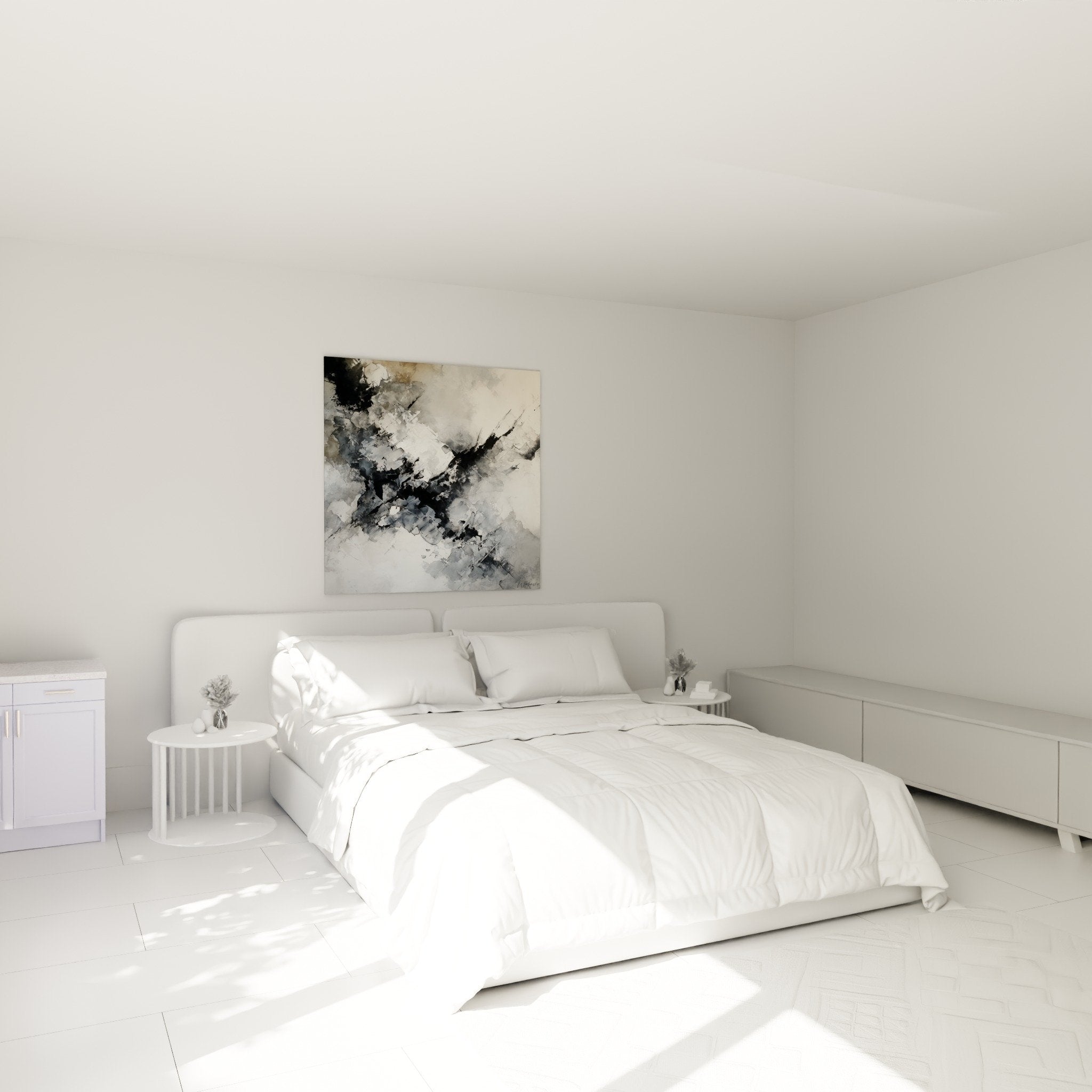 Tableau Abstrait Noir Gris - Tempête Métallique Feng Shui