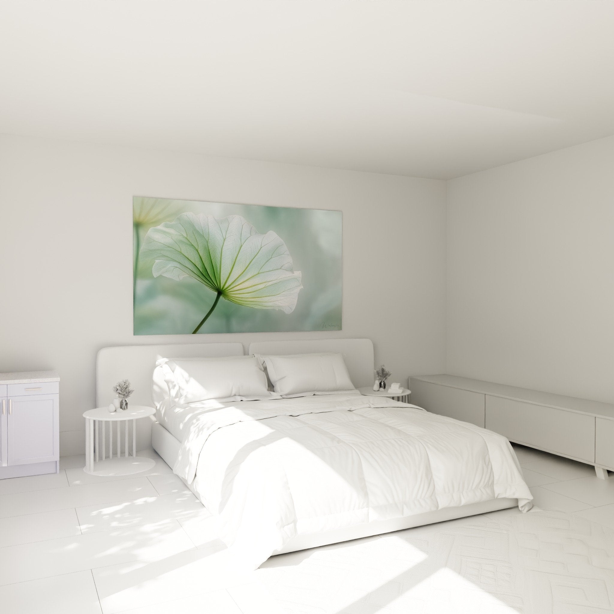 Tableau feuille translucide verte dans chambre zen aux tons naturels apaisants
