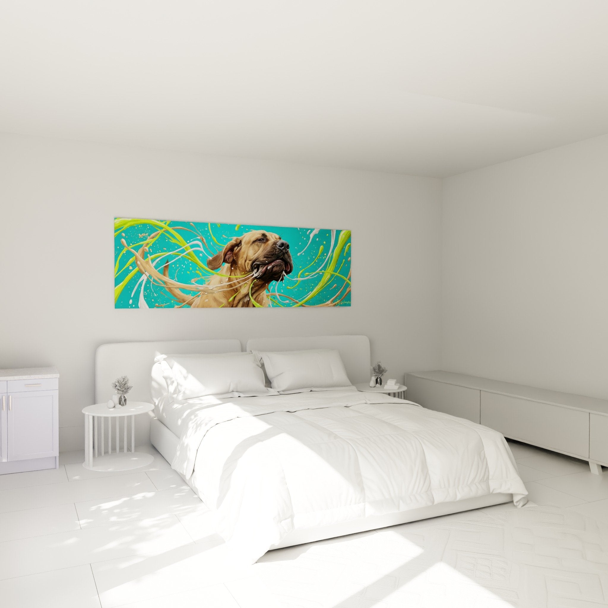 Décoration murale chambre avec tableau Fila Brasileiro turquoise, art canin contemporain dans intérieur moderne