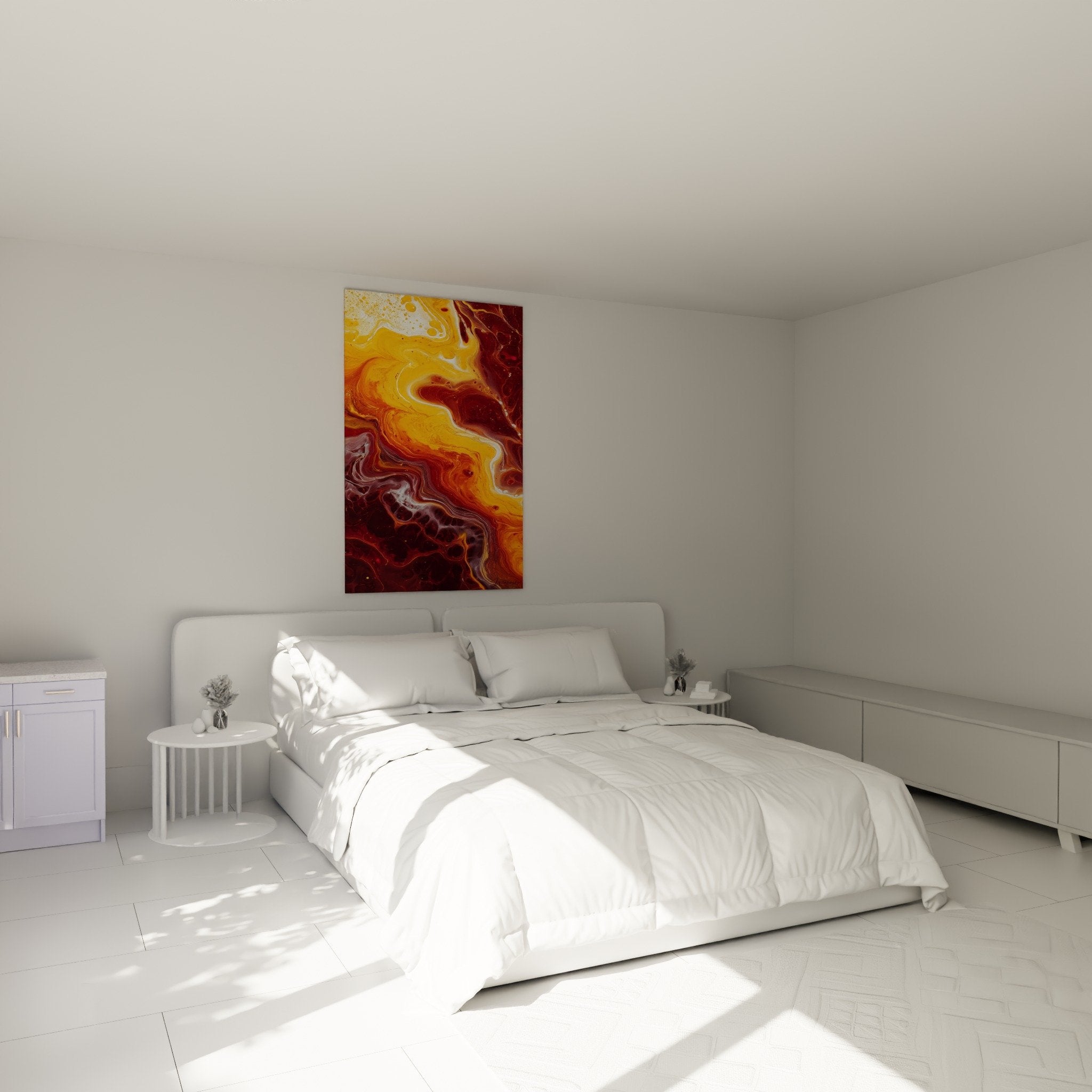 Schlafzimmer Dekoration abstraktes Gemälde warme Farben gelb rot Feng Shui Süden Feuer