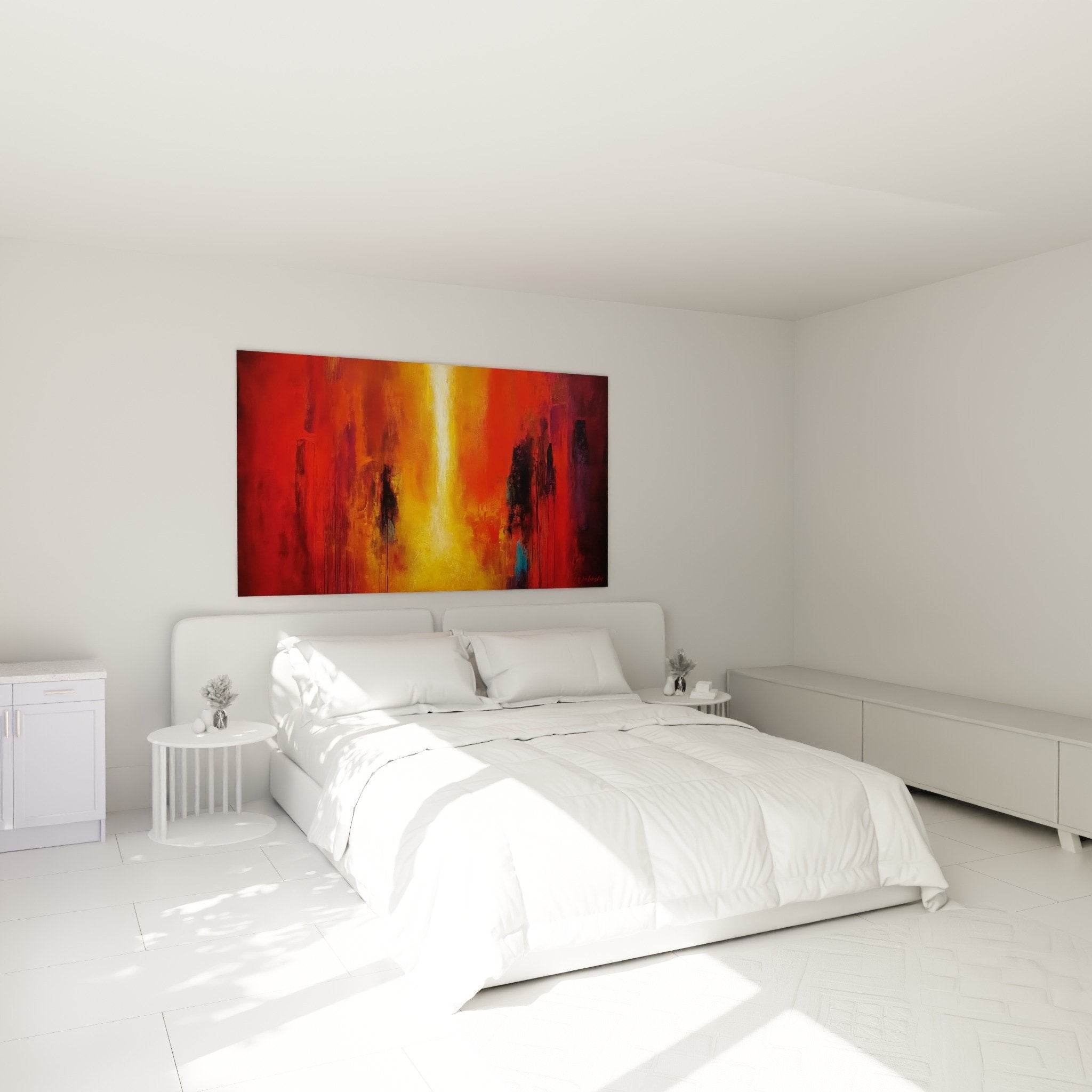 Schlafzimmer Dekoration abstraktes Gemälde goldene rote Flammen warme Atmosphäre Feng Shui