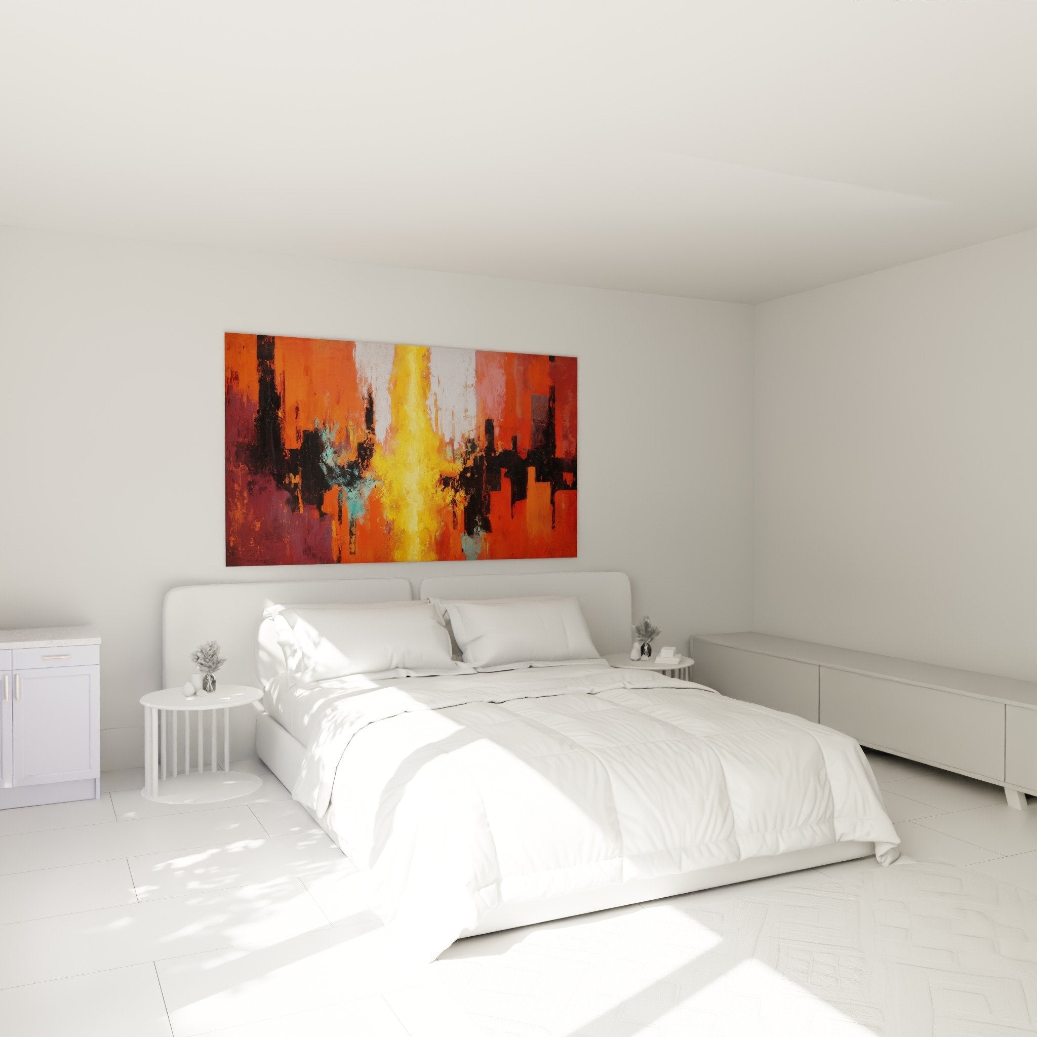 Tableau abstrait urbain flammes chambre decoration murale feng shui sud feu oranges rouges
