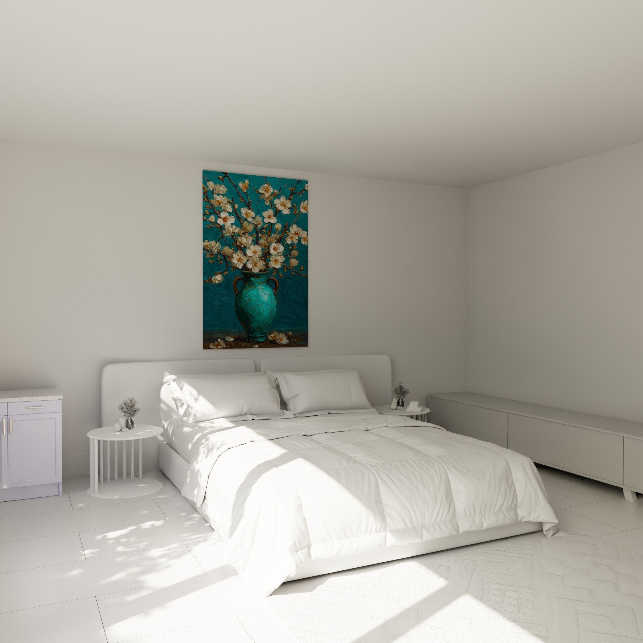 Bedroom wall decoration white flowers painting turquoise vase zen and soothing atmosphere