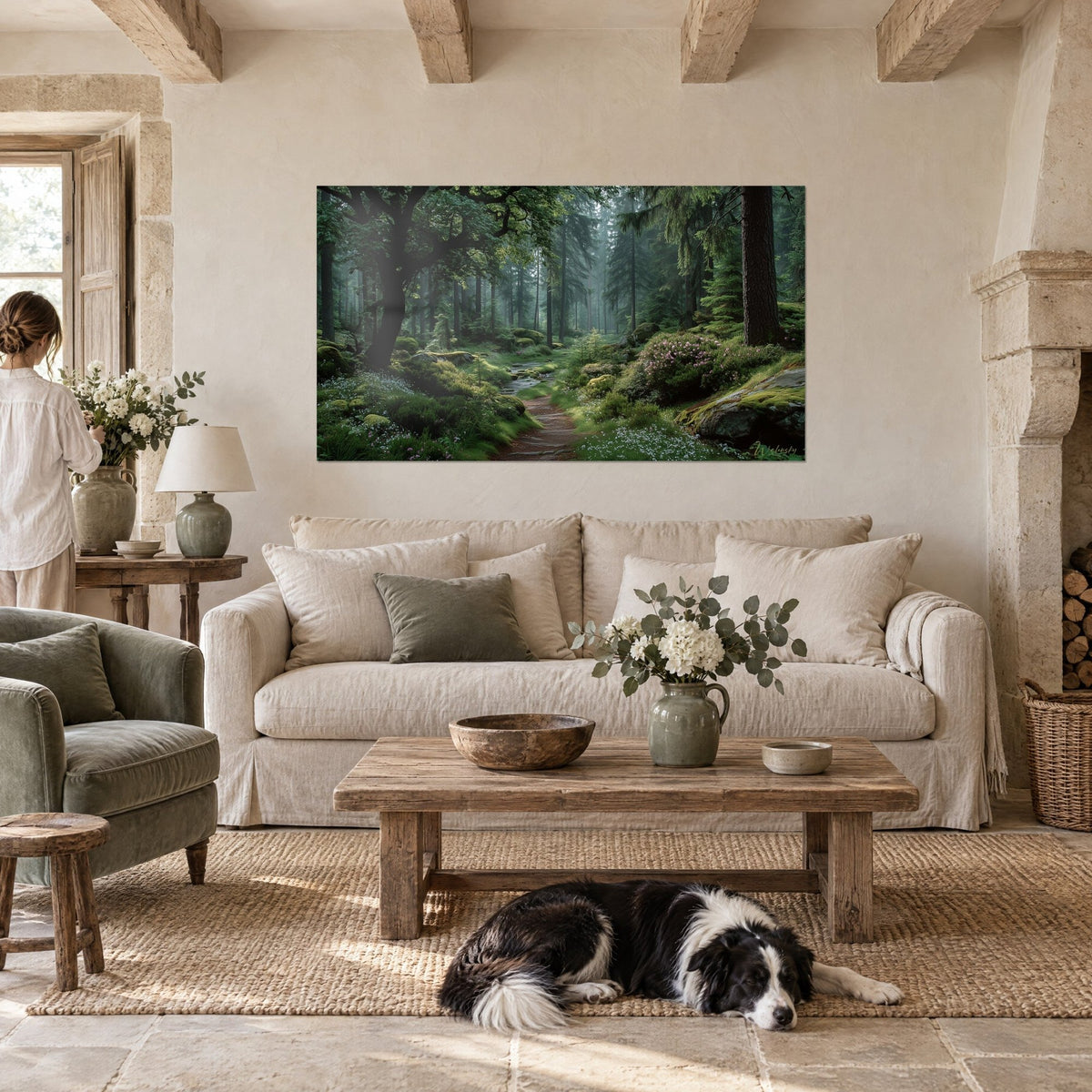 Wall art earthen forest path in misty woodland, soft green moss and ferns, reclining collie, above a sofa in a bright living room