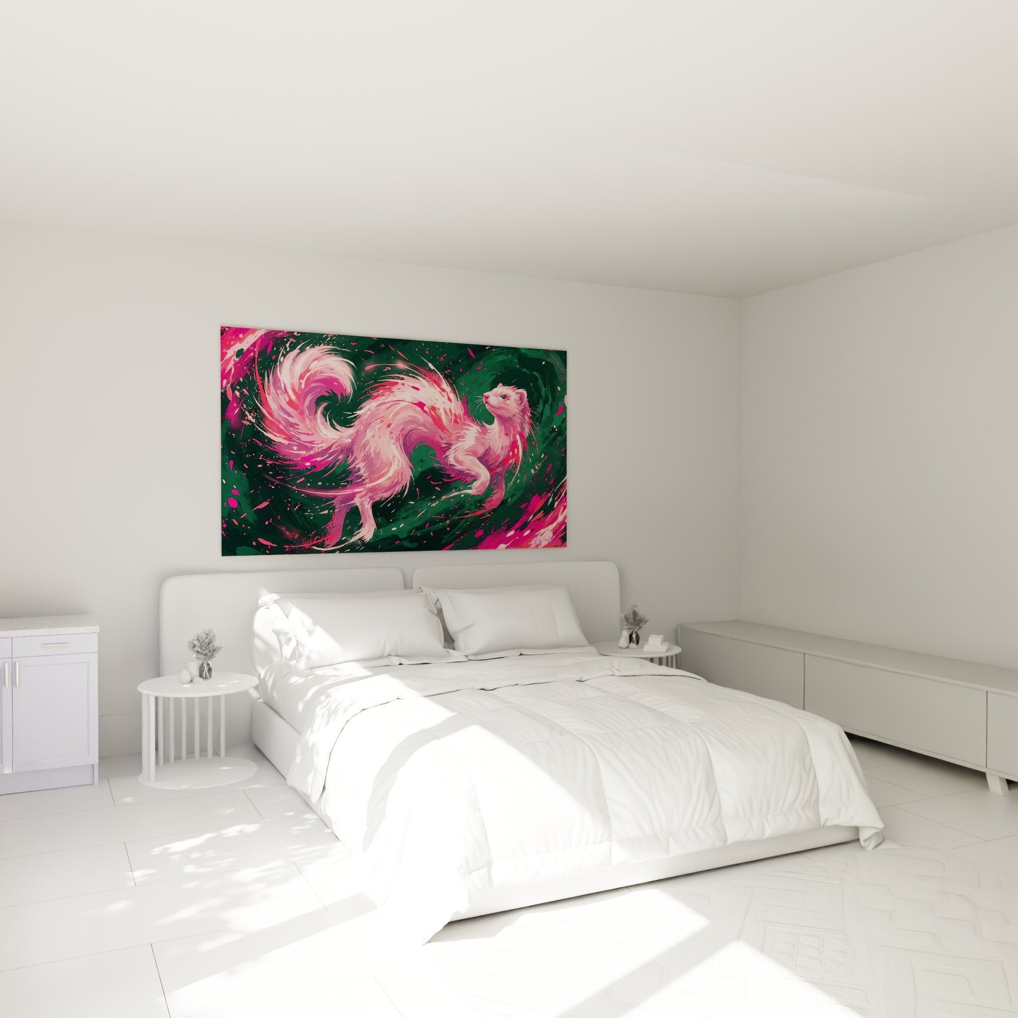 Frettchen-Kunstdruck in Rosa und Magenta mit Wirbeln dekoriert ein modernes Schlafzimmer mit zeitgenössischen Möbeln in neutralen Tönen