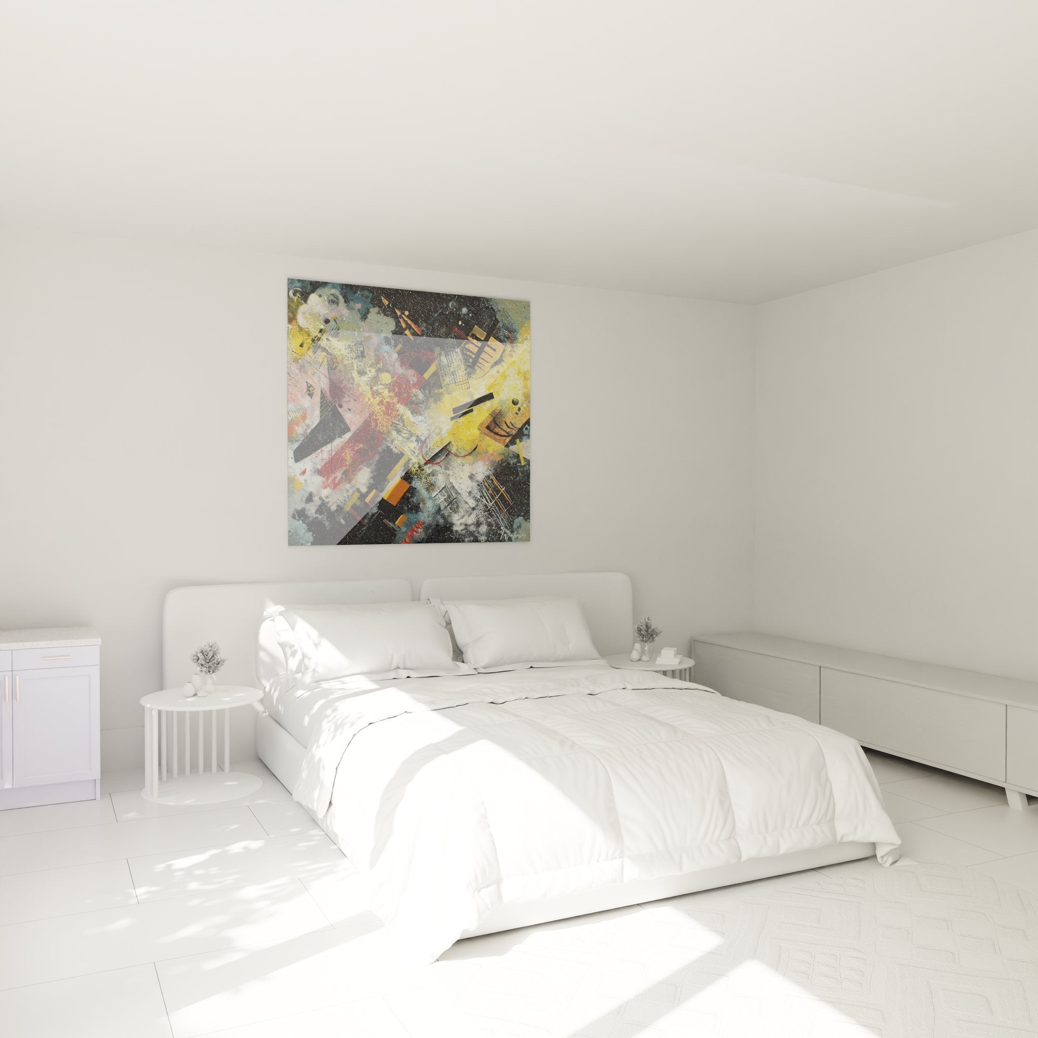 Décoration murale chambre tableau abstrait géométrique coloré ambiance contemporaine design intérieur