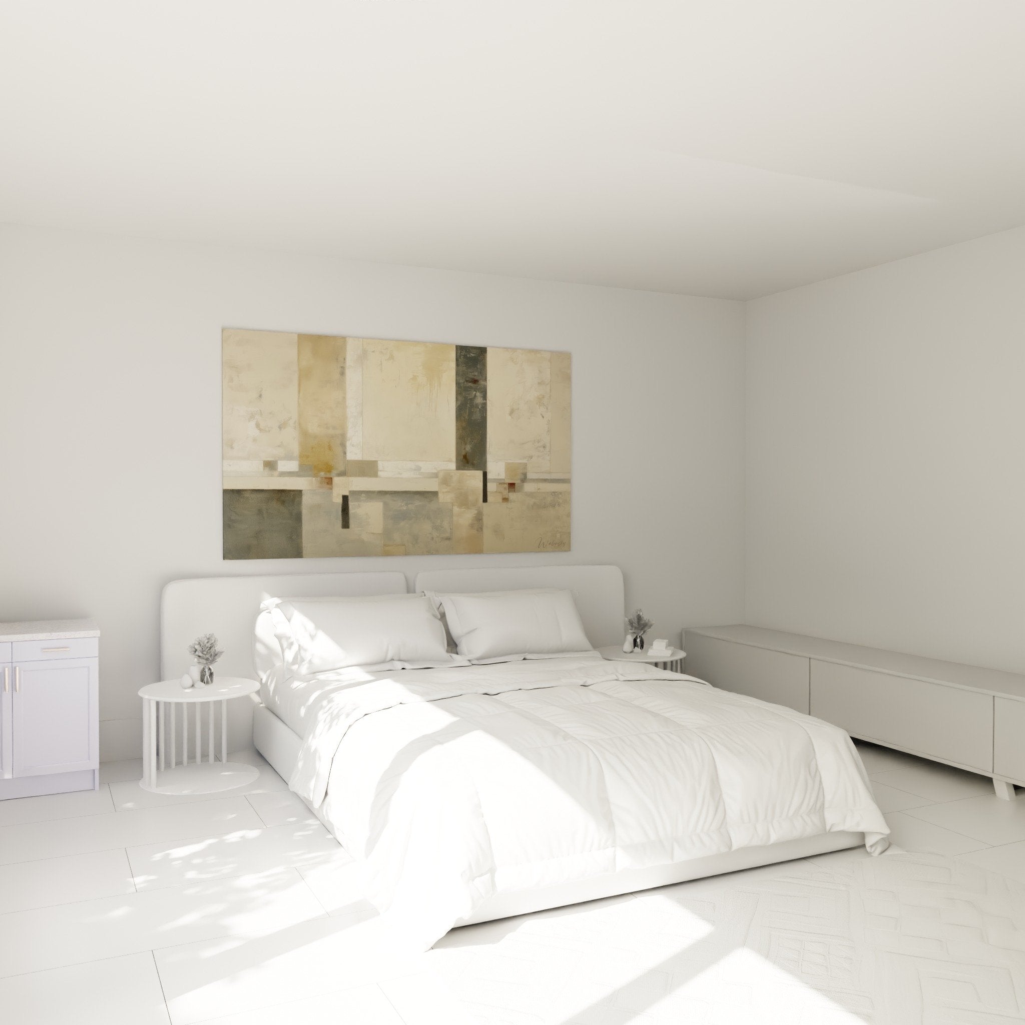 Beige gray geometric wall art in modern bedroom, minimalist feng shui home decor