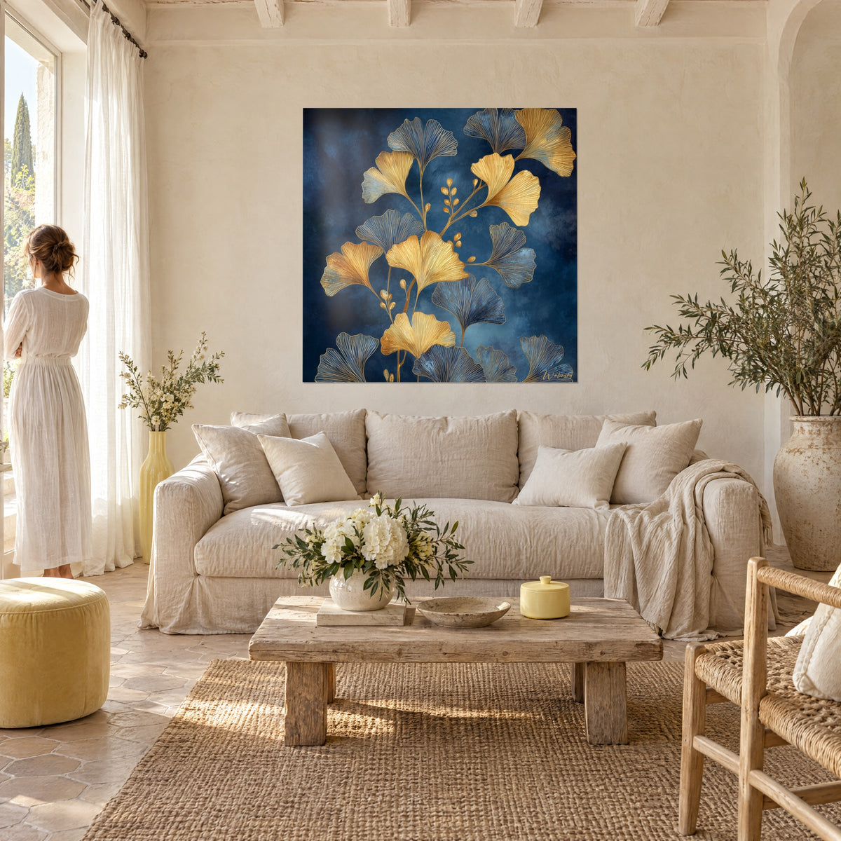Quadro di foglie di ginkgo dorate e blu notte, nervature sottili, visto di spalle da una donna, sopra un divano in un soggiorno luminoso