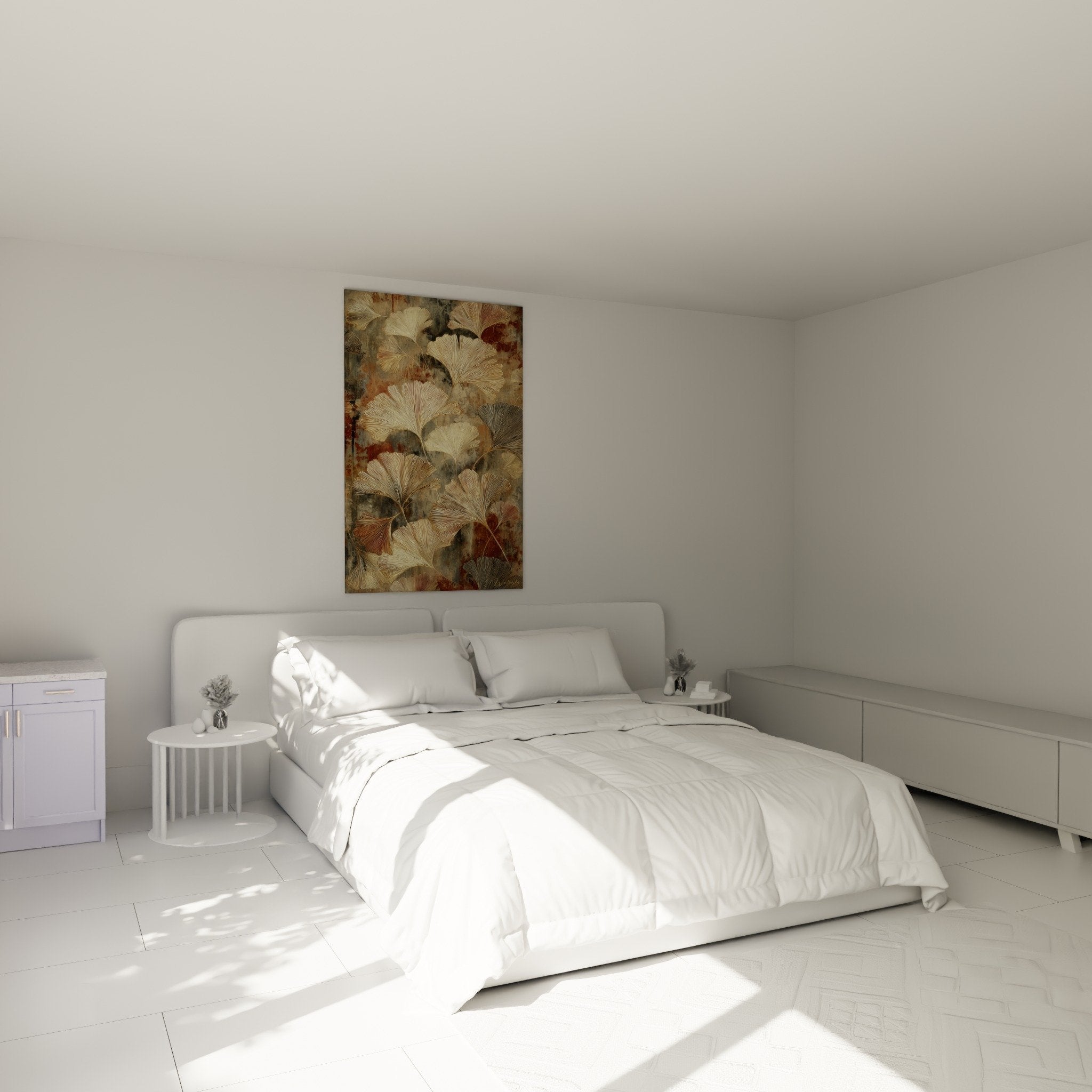 ginkgo-gemälde gold schlafzimmer beige wand dekoratives blätter graviert zen-ambiente