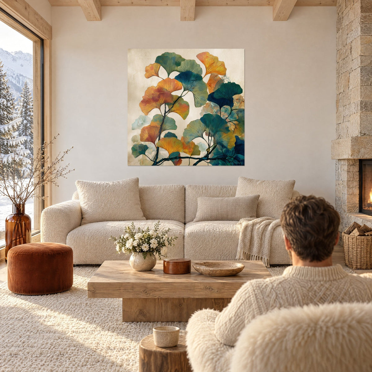 Tableau éventails de ginkgo dorés et bleu-vert sur branche noire, fond crème, au-dessus d'un canapé dans un salon lumineux