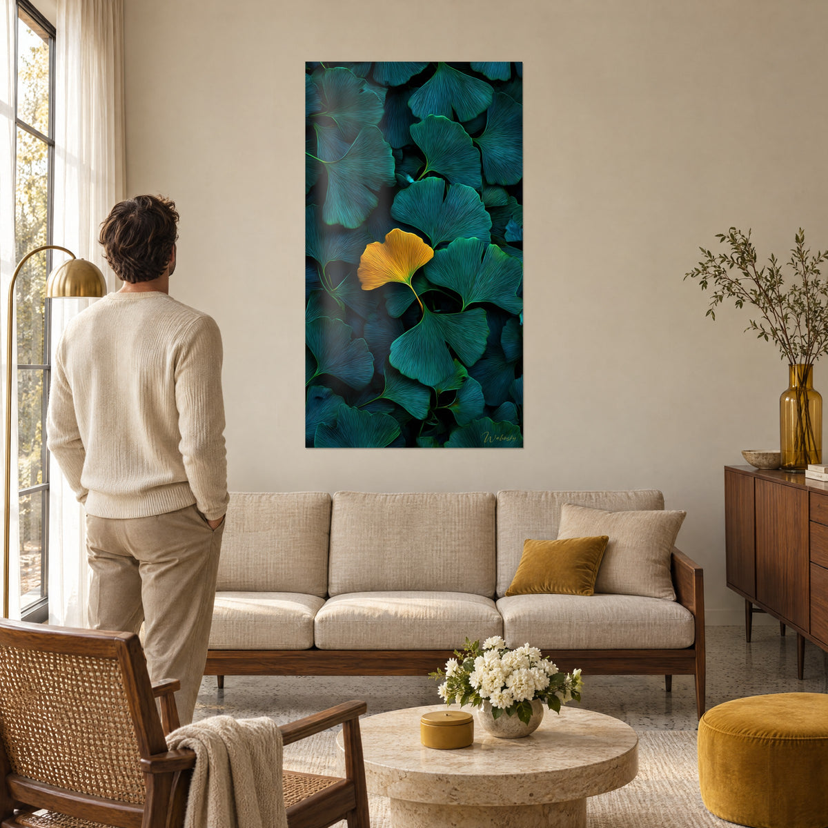 Quadro foglie di ginkgo a ventaglio, turchese intenso e una foglia dorata, uomo di spalle sopra un divano in un soggiorno luminoso