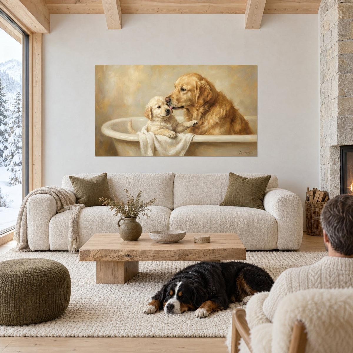 Gemälde Golden Retriever leckt seinen cremefarbenen Welpen in einer elfenbeinfarbenen Badewanne, goldbeige Hintergrund, über einem Sofa in einem hellen Wohnzimmer