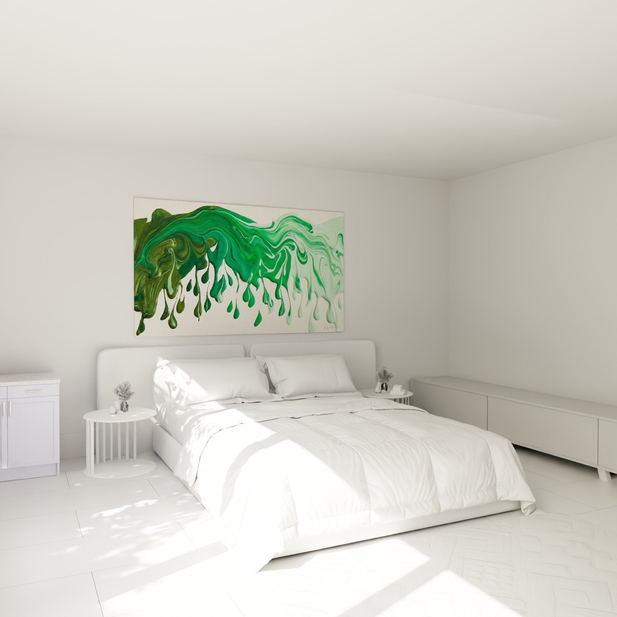 décoration chambre tableau gouttes vertes street art dégoulinantes ambiance moderne zen vert émeraude