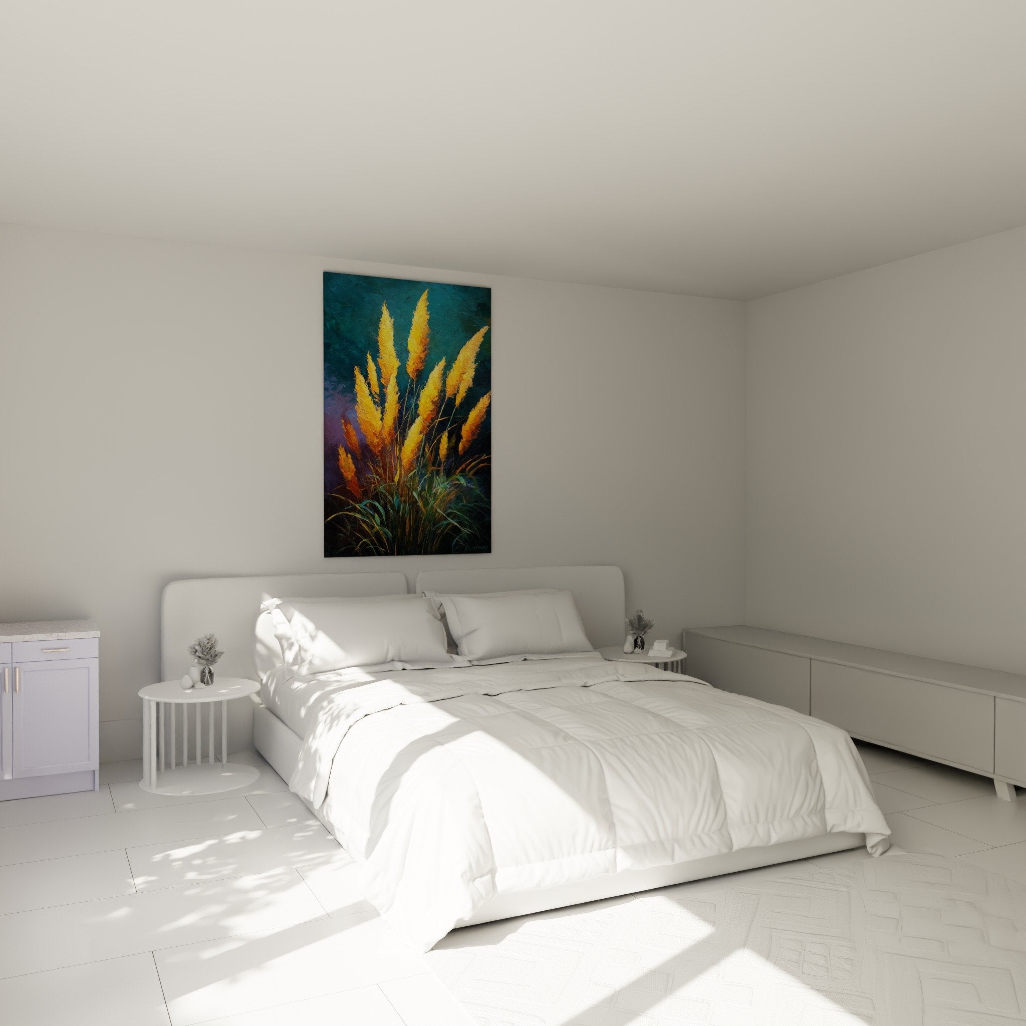 Golden grass wall art bedroom decor, elegant nature mural warm ambiance