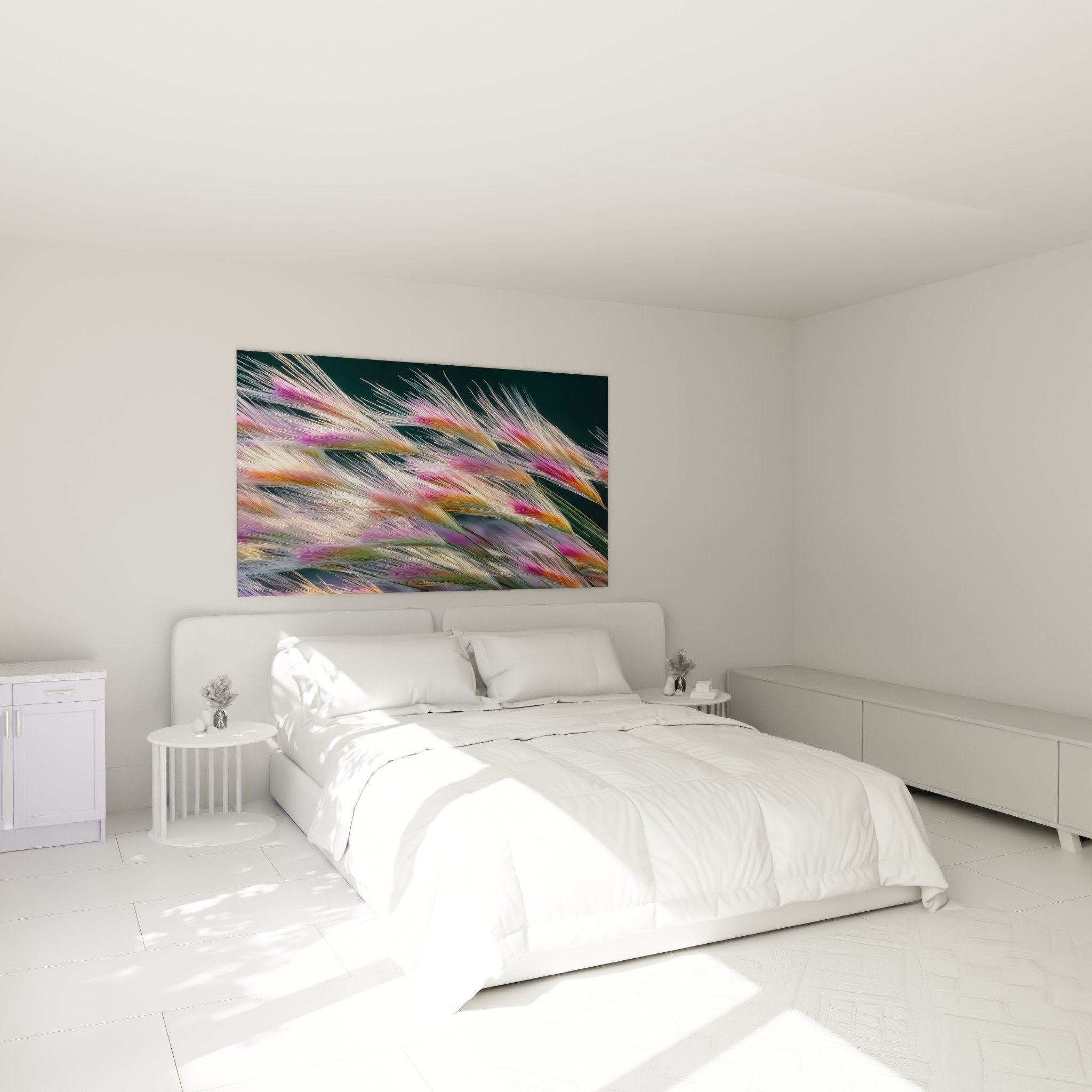 Bedroom decoration with multicolored grasses painting pink purple dynamic movement nature art
