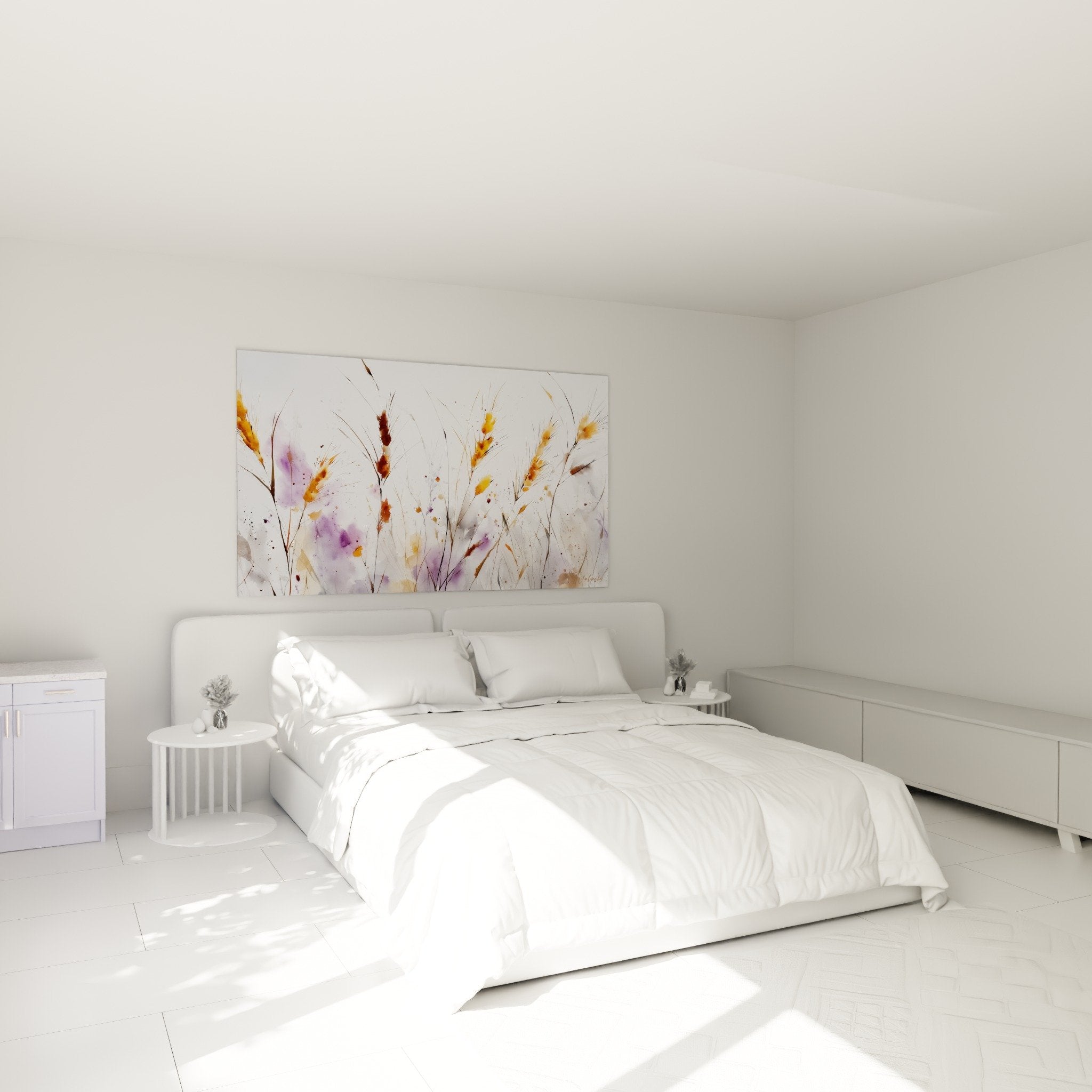 Bedroom wall art watercolor grasses golden purple tones cozy natural calming atmosphere