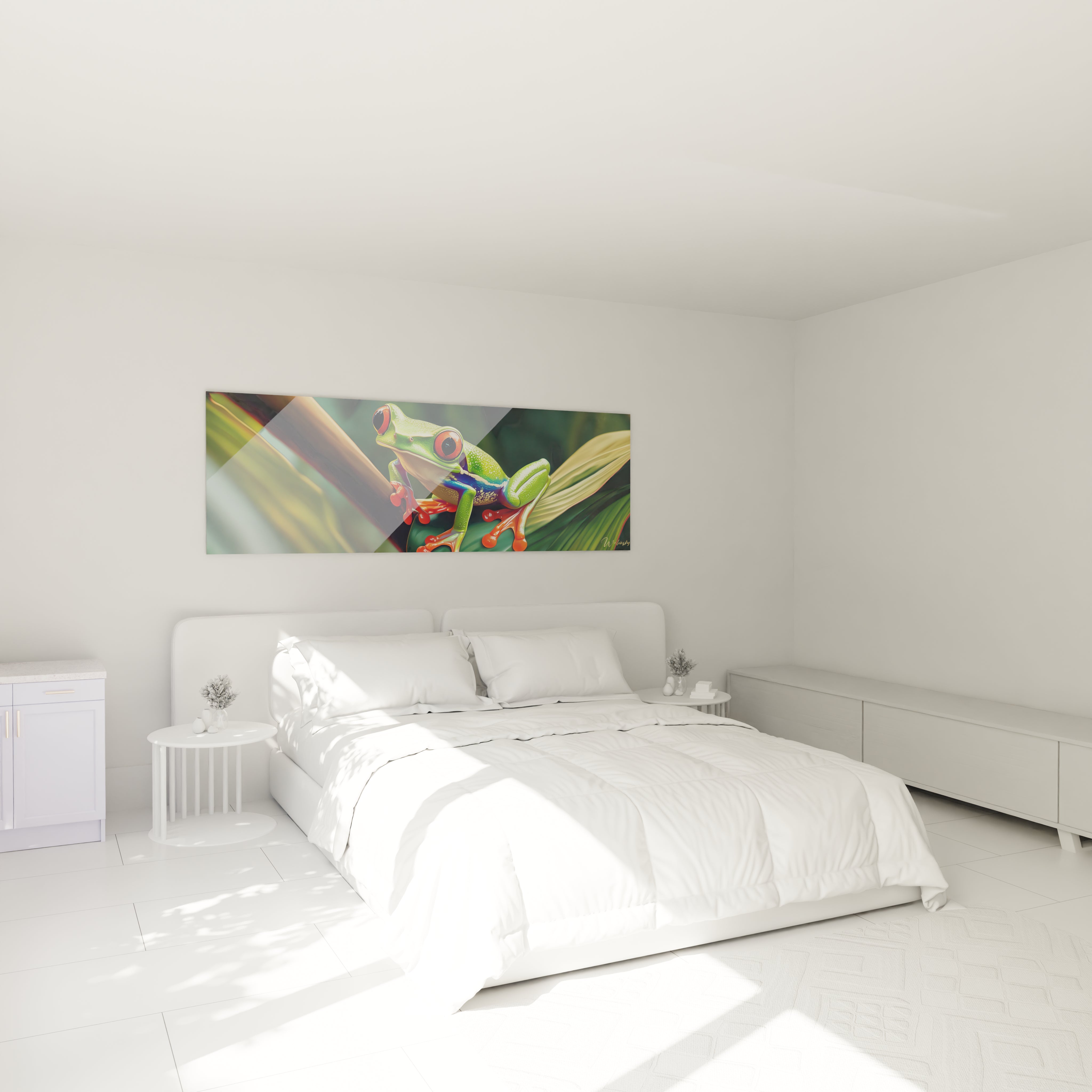 Tableau grenouille colorée Walensky accroché au-dessus d'un lit dans une chambre blanche moderne