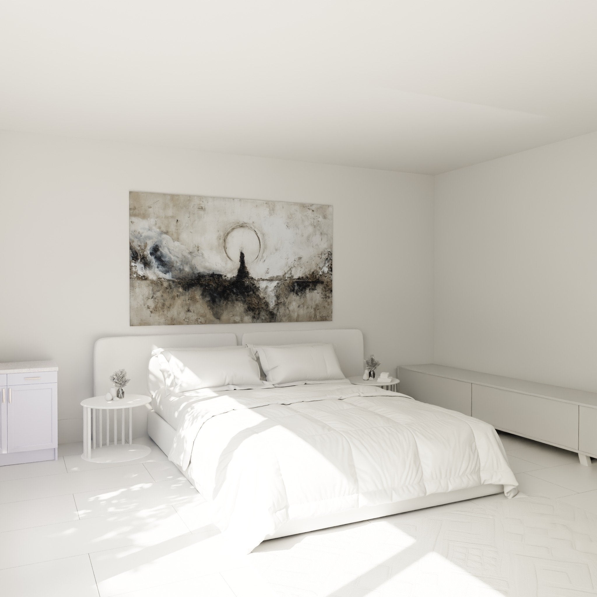 Decoration chambre tableau abstrait gris minimaliste cercle lumineux ambiance zen contemporaine
