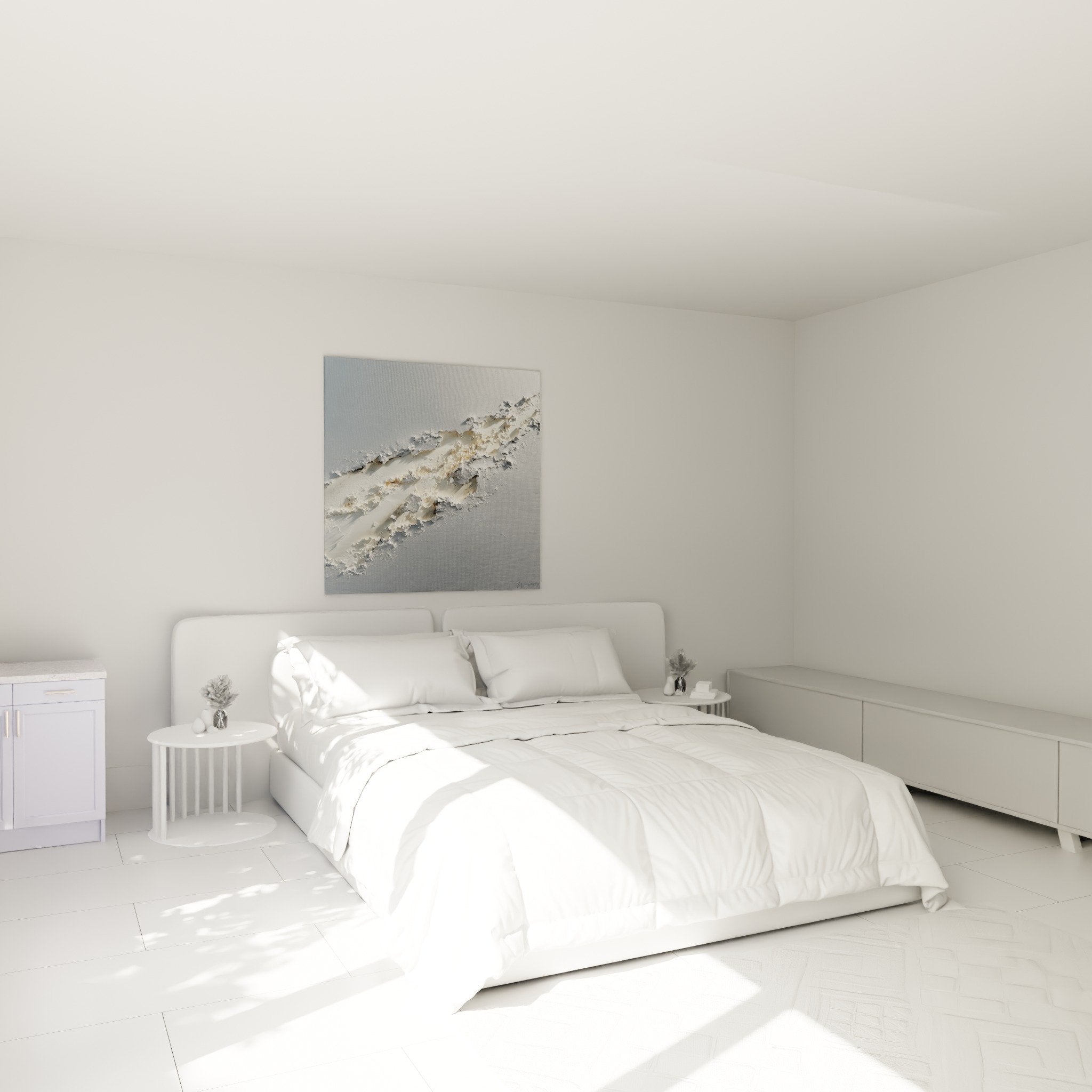 Deco chambre tableau abstrait gris dore relief moderne feng shui metal ambiance zen