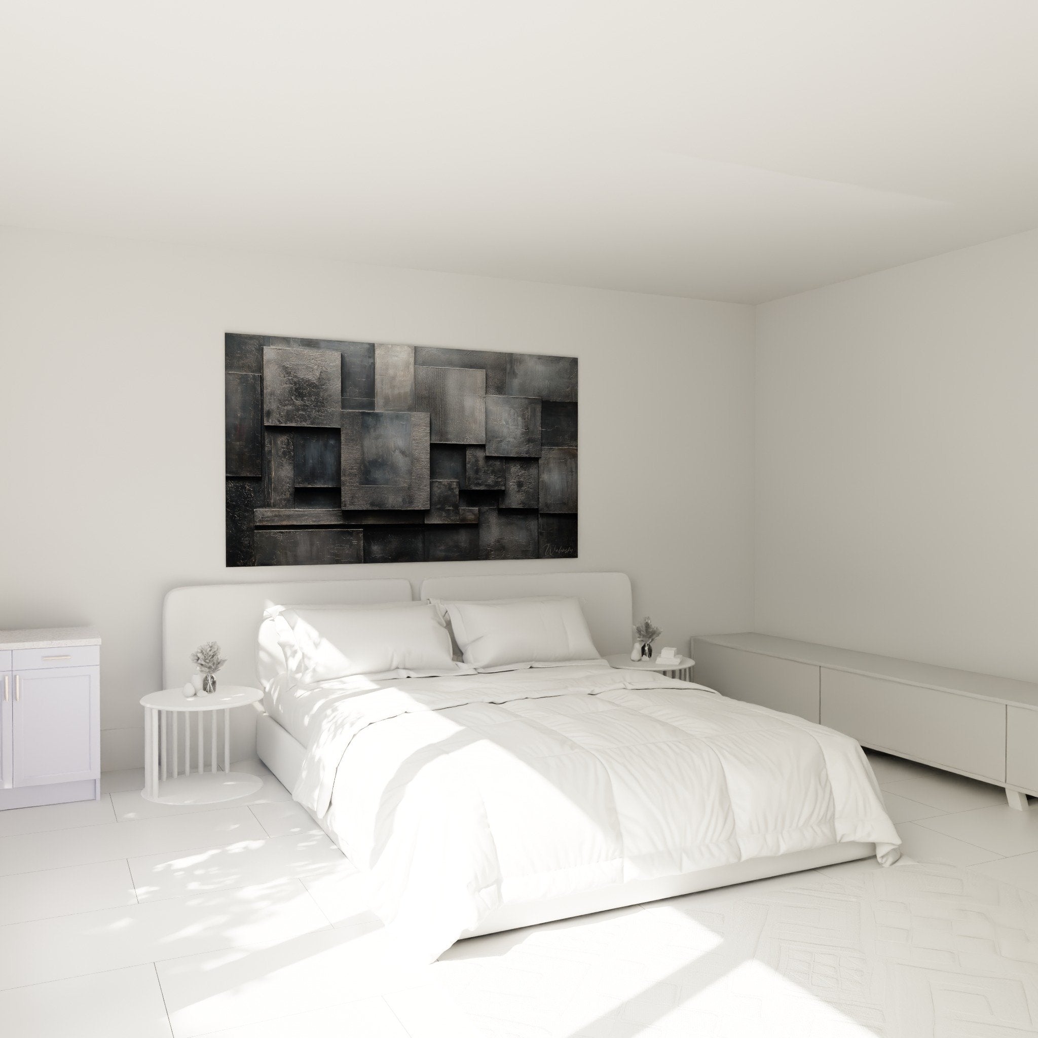 Decoration chambre tableau abstrait gris metallique formes geometriques relief feng shui nord ouest metal