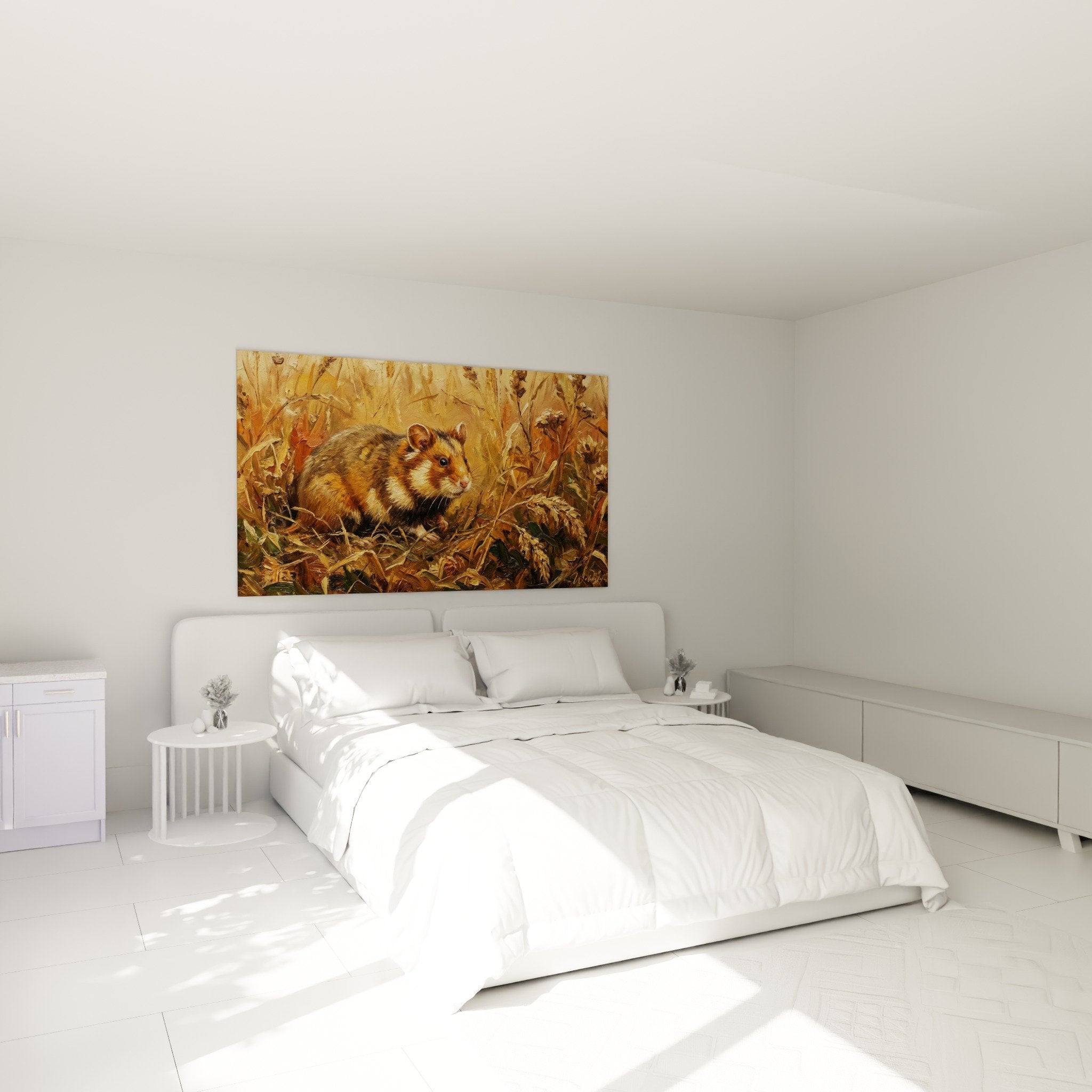 Schlafzimmerdekoration mit Hamster-Natur-Wandbild, gemütliche Atmosphäre in Goldtönen auf heller Wand