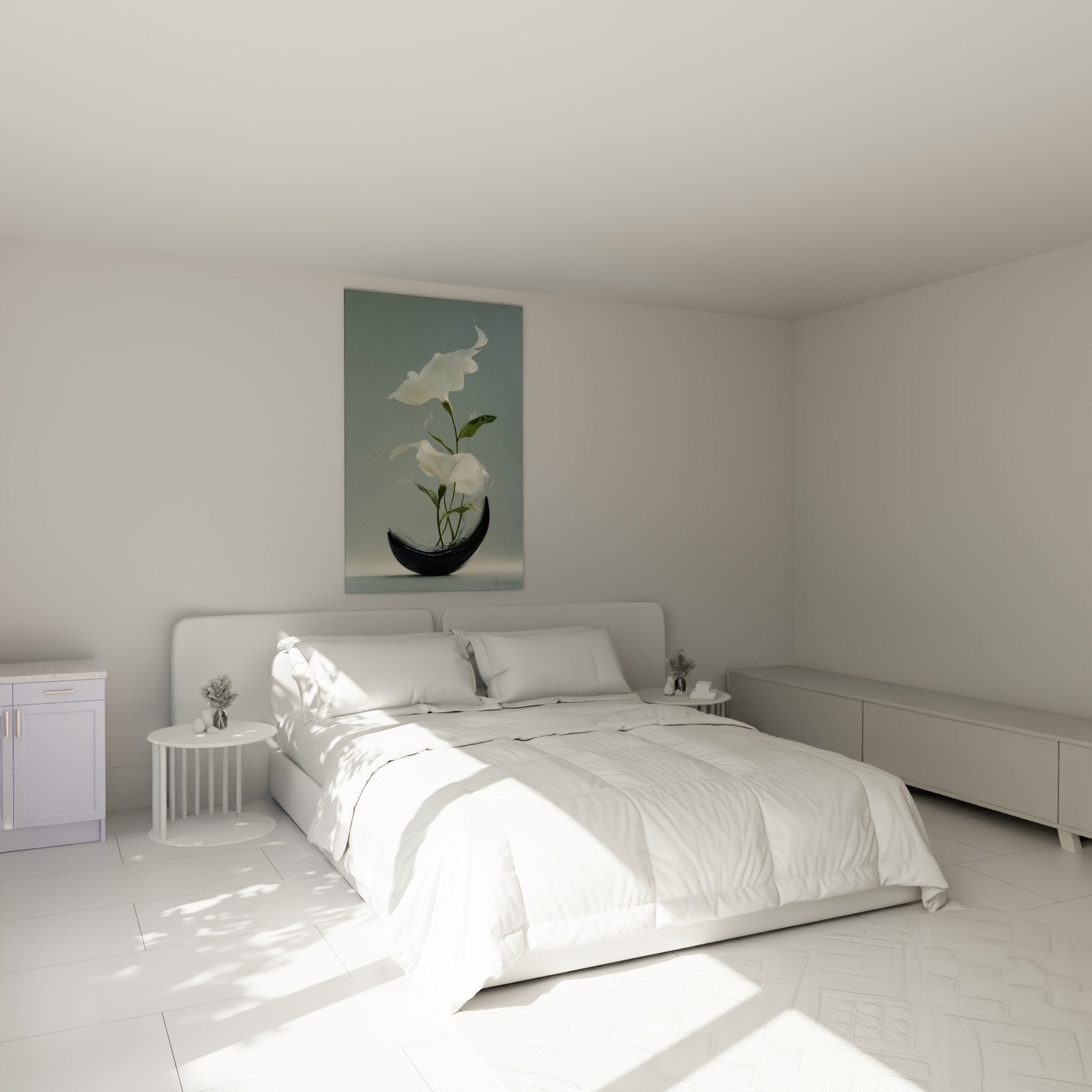 Ikebana vase crescent black and white flowers wall art in modern bedroom with neutral tones