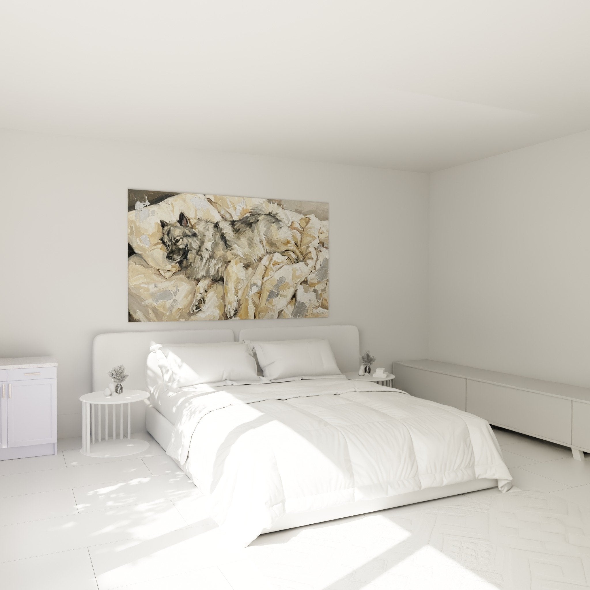 Tableau Keeshond tons beiges déco chambre parentale ambiance cosy apaisante art mural