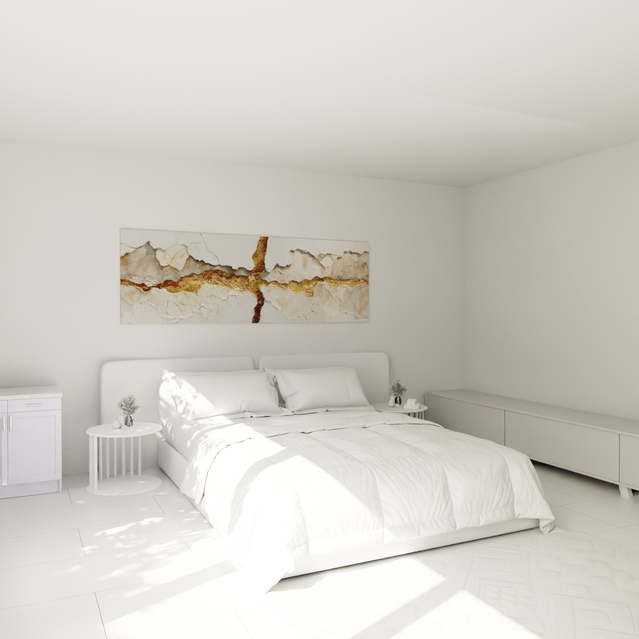 Zen bedroom decor abstract wall art with golden cracks kintsugi style soothing beige tones above bed