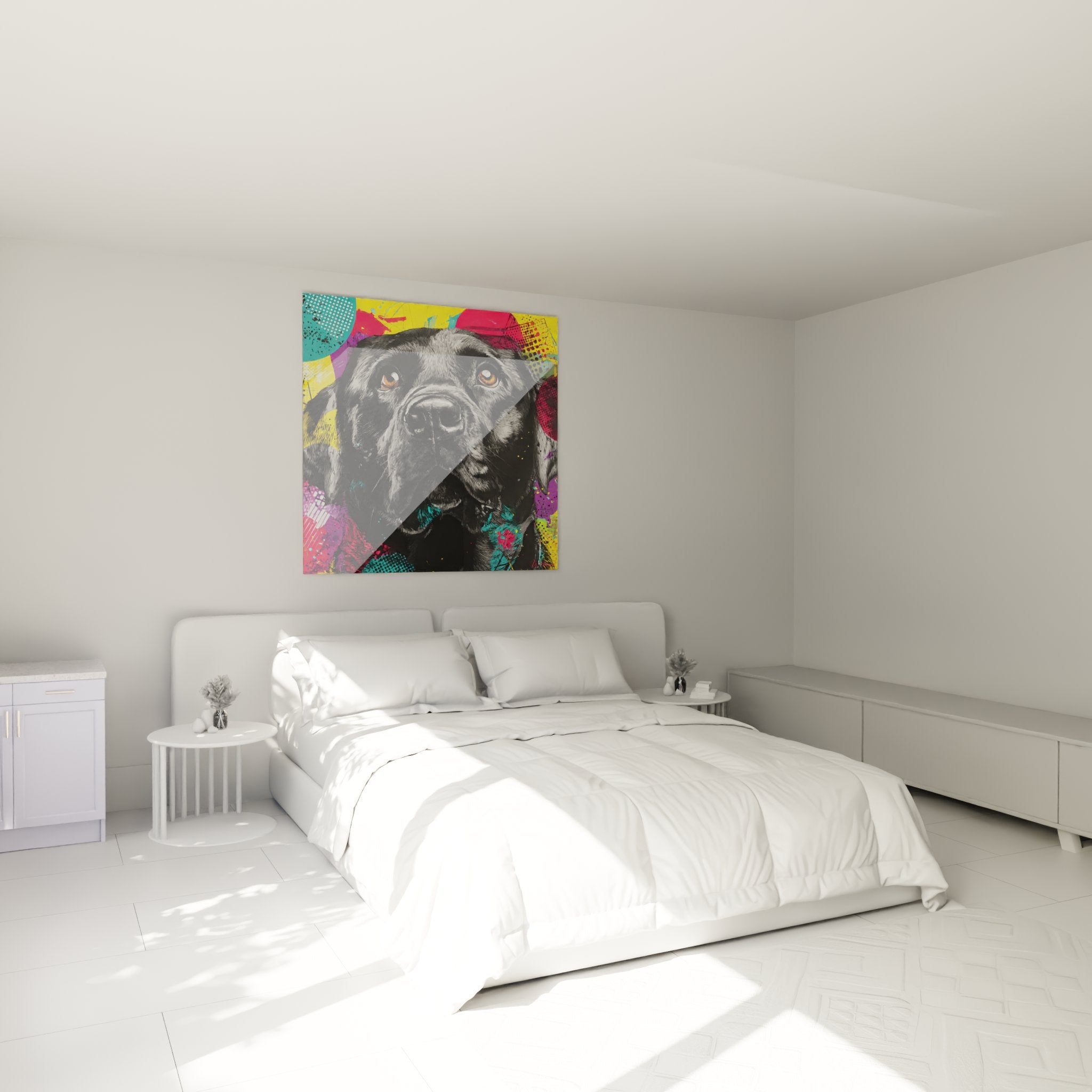 Black Labrador Retriever artwork with vibrant colors decorating modern minimalist bedroom