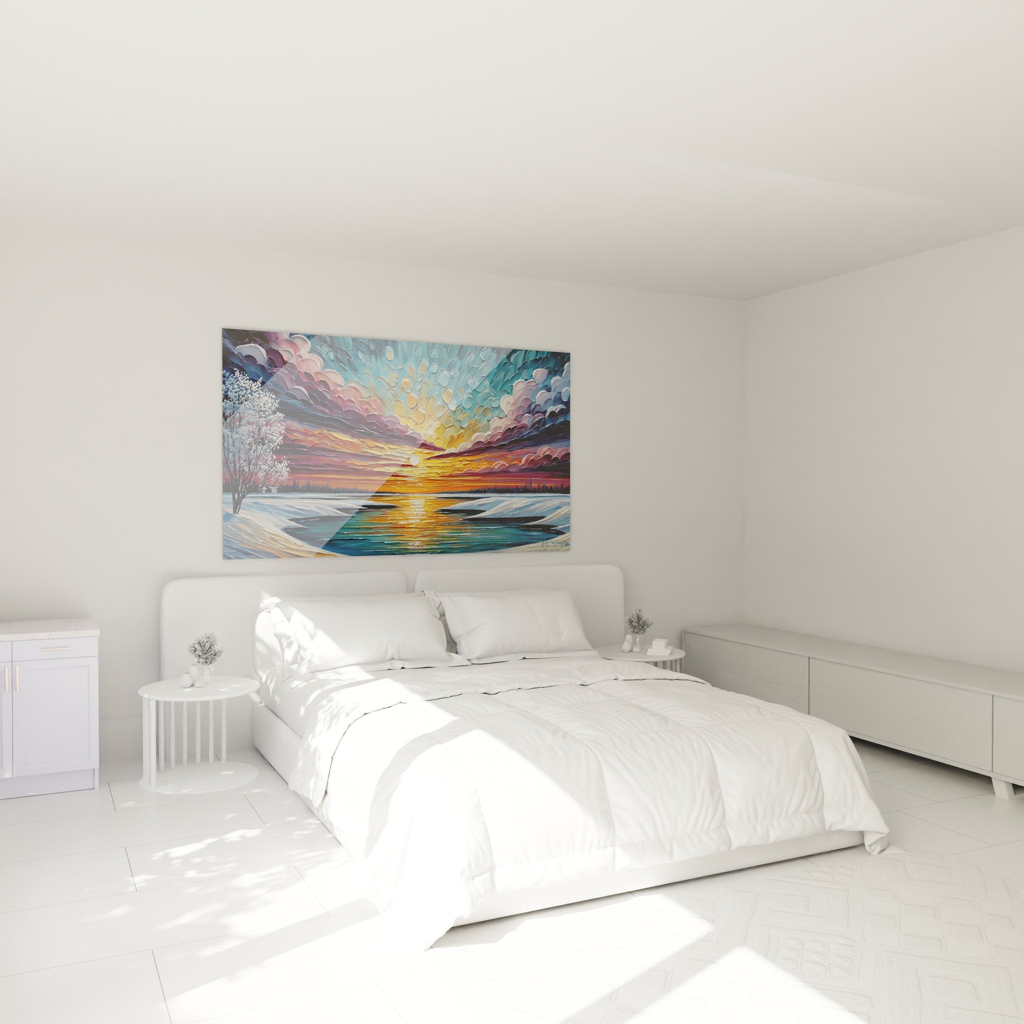 Décoration chambre tableau paysage lac gelé coucher soleil ambiance chaleureuse