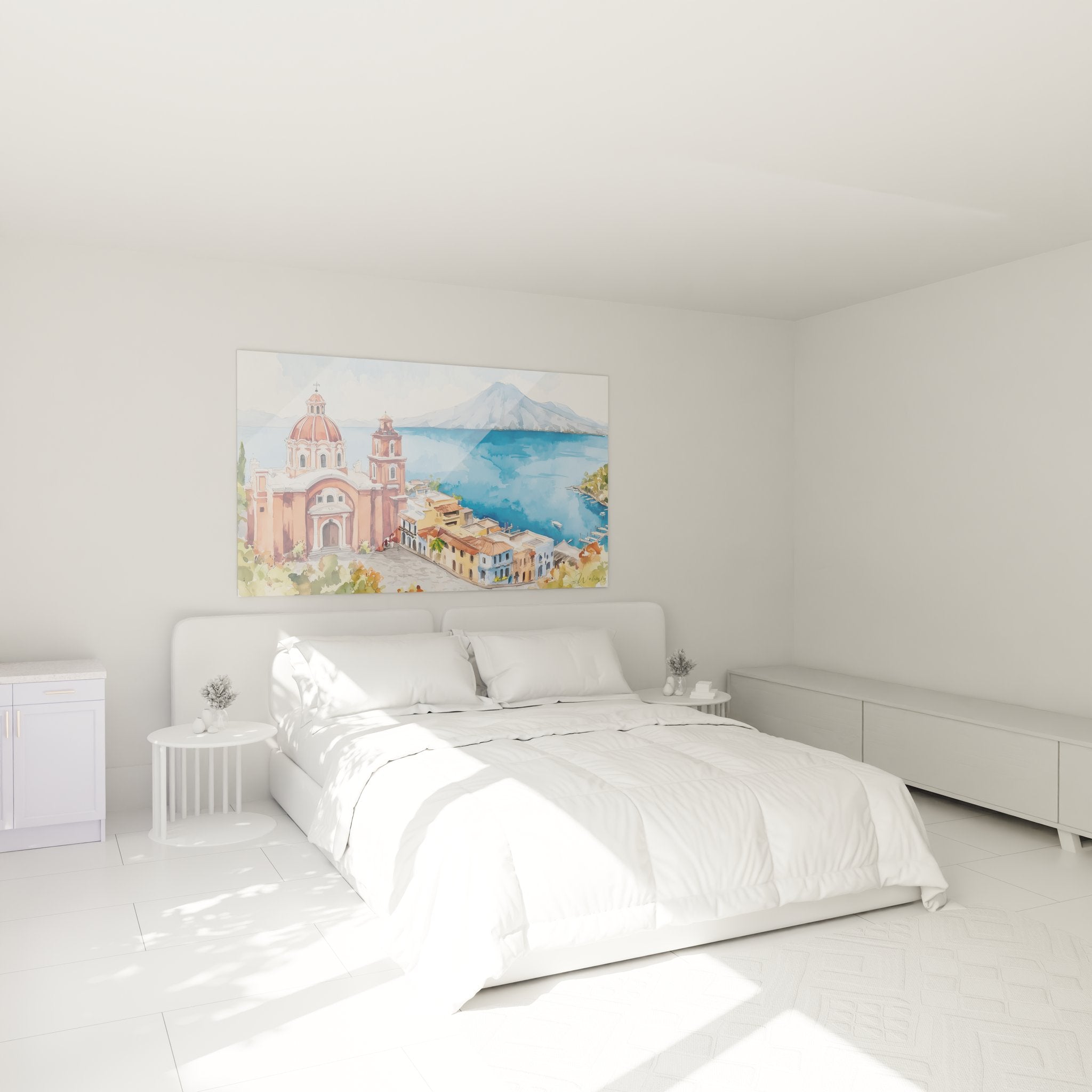 Décoration murale chambre avec tableau lac italien église rouge ambiance méditerranéenne apaisante