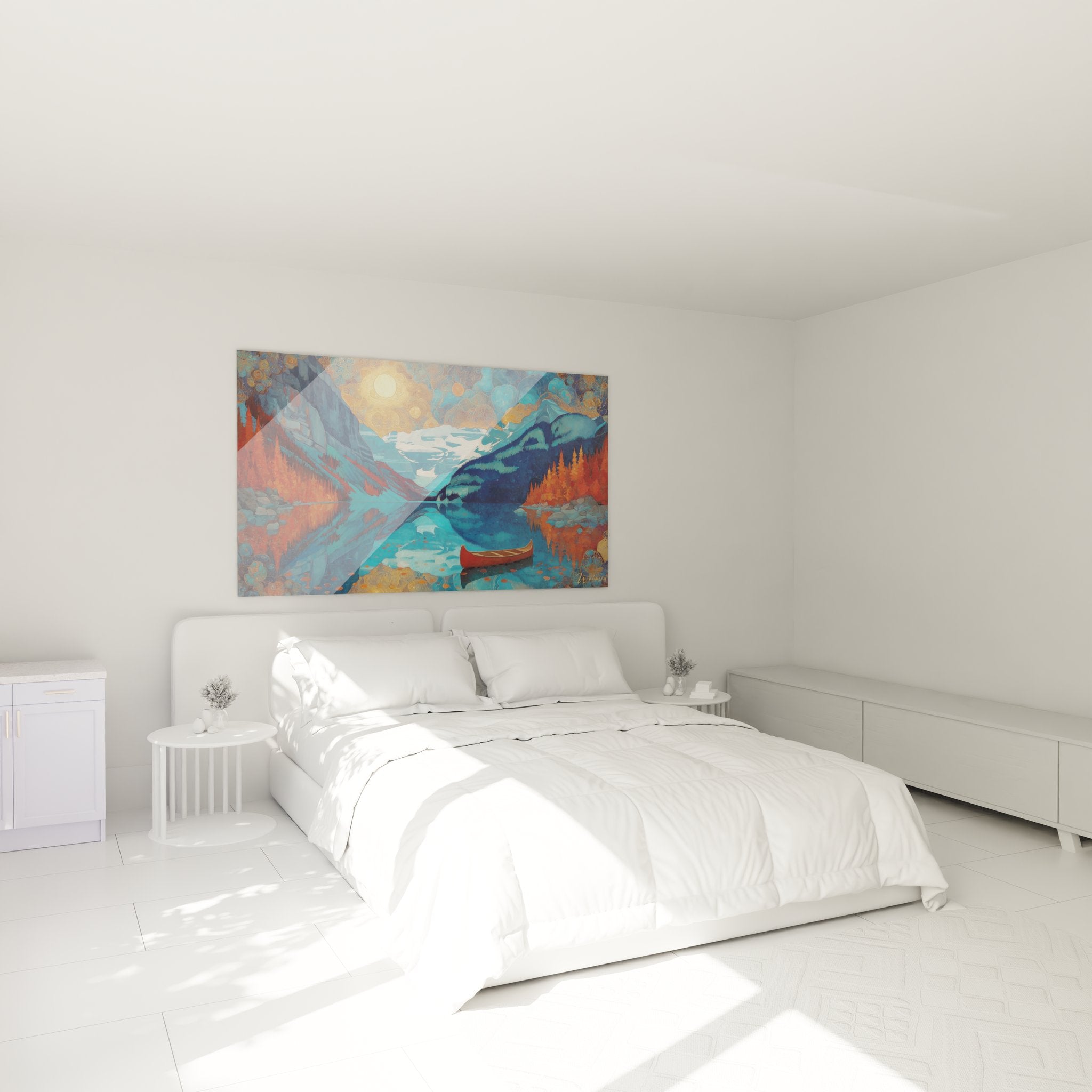 Décoration chambre tableau lac montagne automne canoë ambiance zen nature couleurs chaudes apaisantes