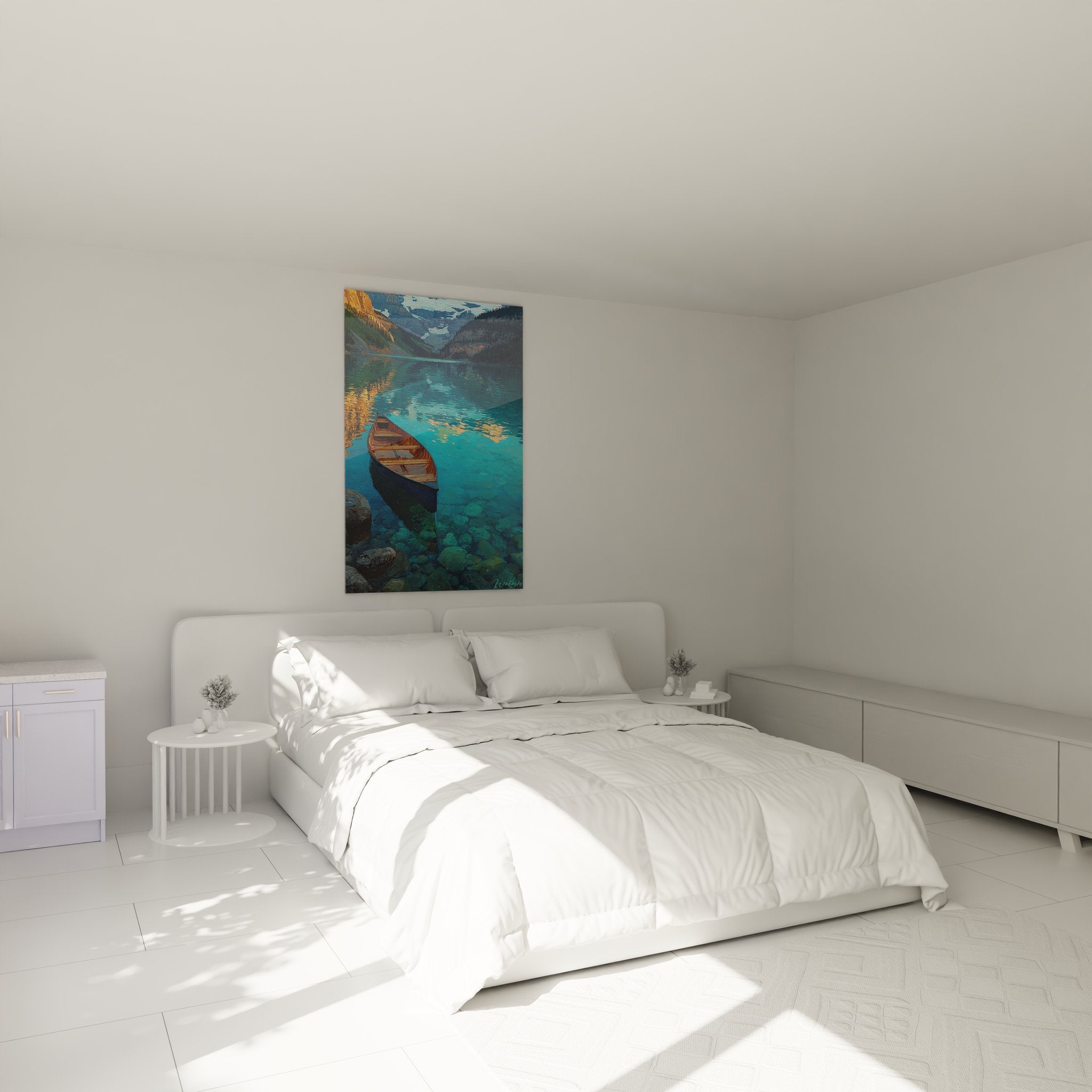 Décoration chambre tableau lac montagne barque ambiance zen nature alpine