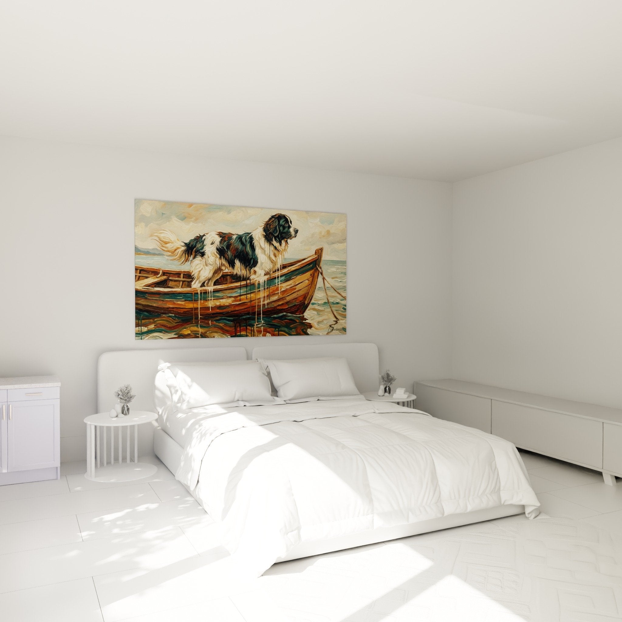 Tableau Landseer sur barque décorant chambre style côtier avec mobilier bois naturel et tons marins