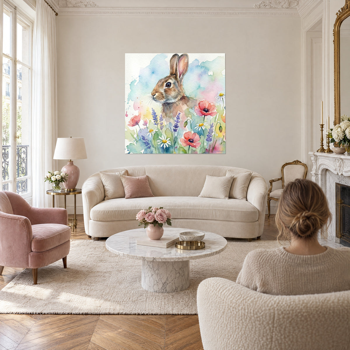 Wall art brown rabbit with long pink ears among coral poppies and lavender, woman seen from behind, above a sofa in a bright living room