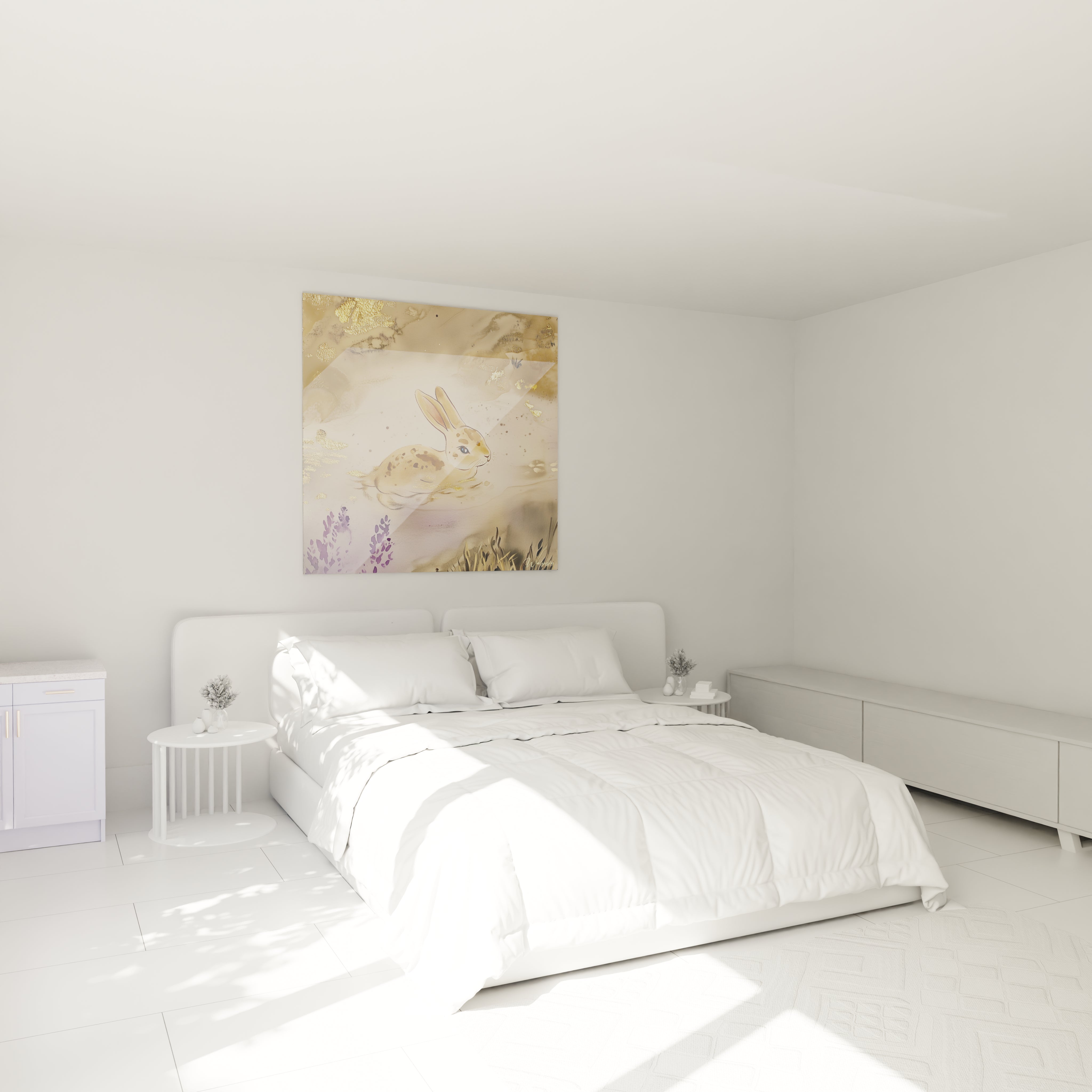 Tableau lapin Walensky avec design doux accroché dans une chambre moderne blanche