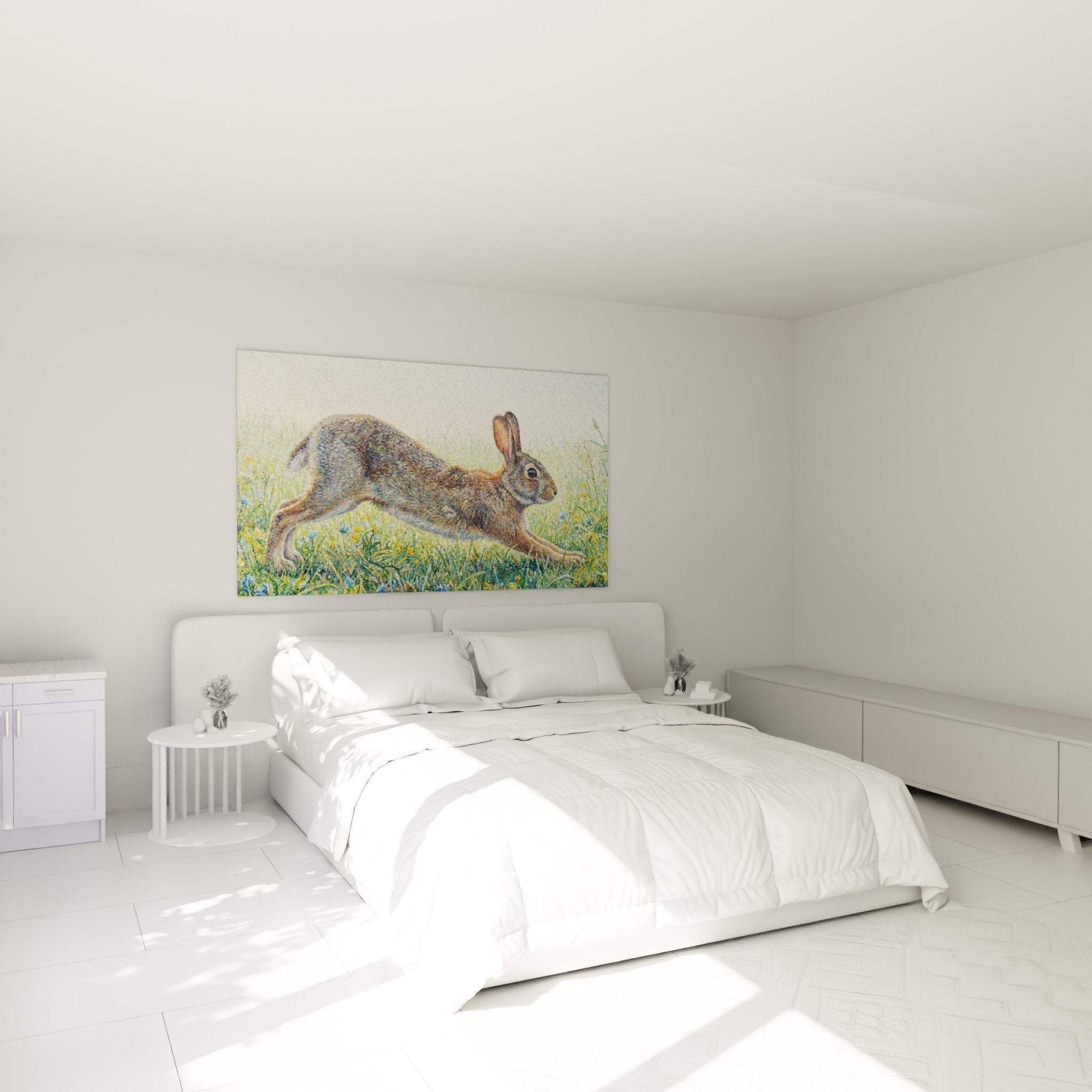 Schlafzimmer-Dekoration Gemälde springender Hase pointillistischer Stil Naturambiance Landhaus sanfte beruhigende Töne