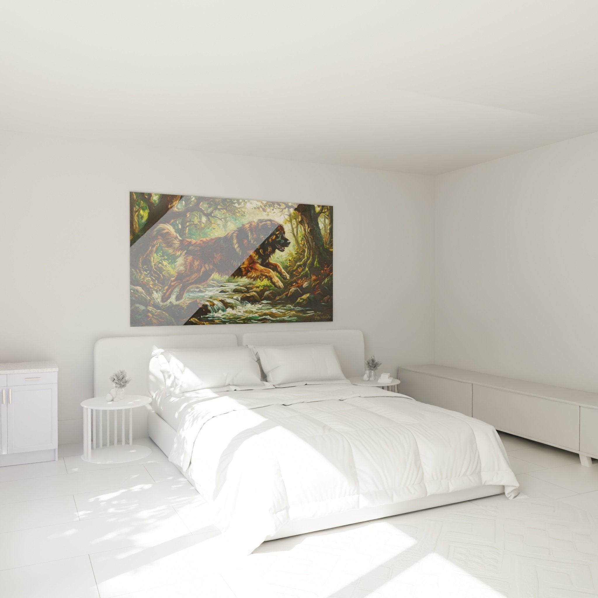 decoration chambre tableau chien leonberg foret ambiance naturelle apaisante tons verts cuivres