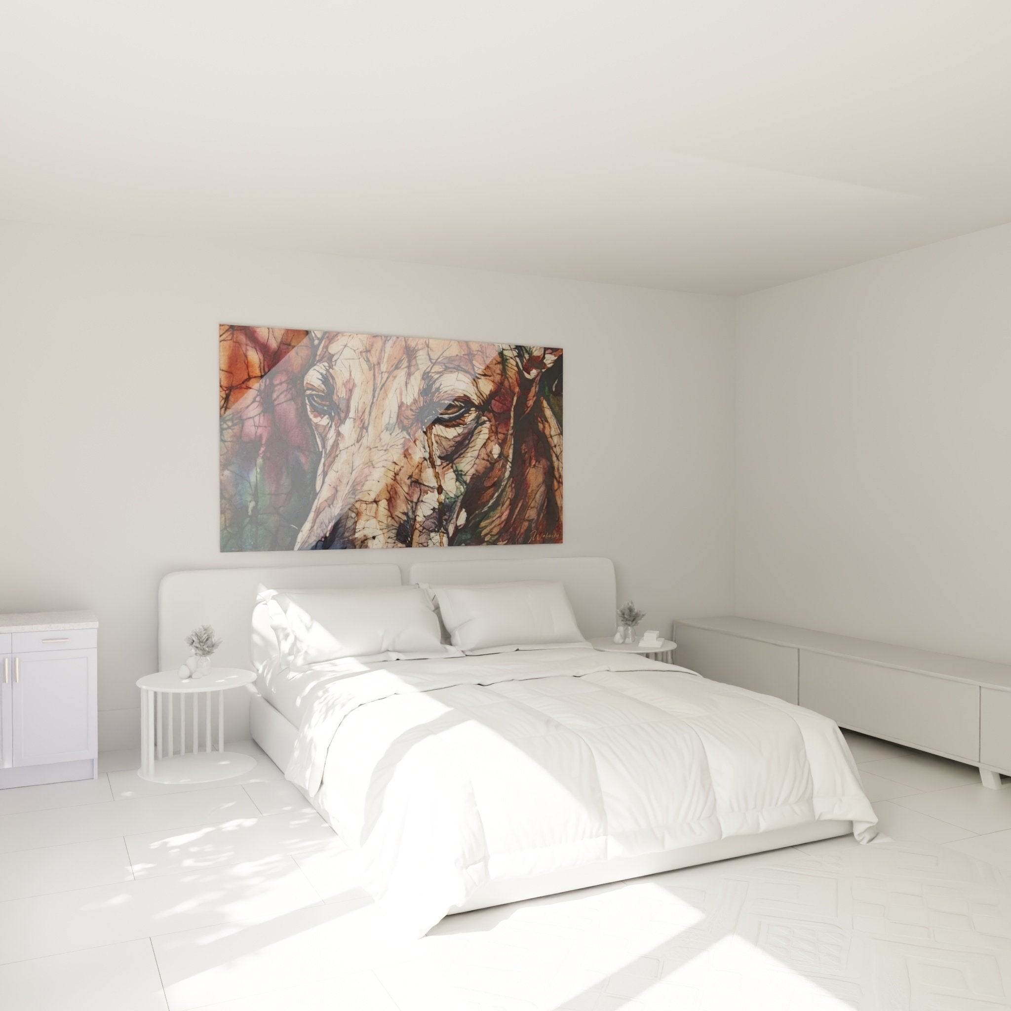 Tableau levrier greyhound tons chauds dans chambre moderne avec decoration murale elegante