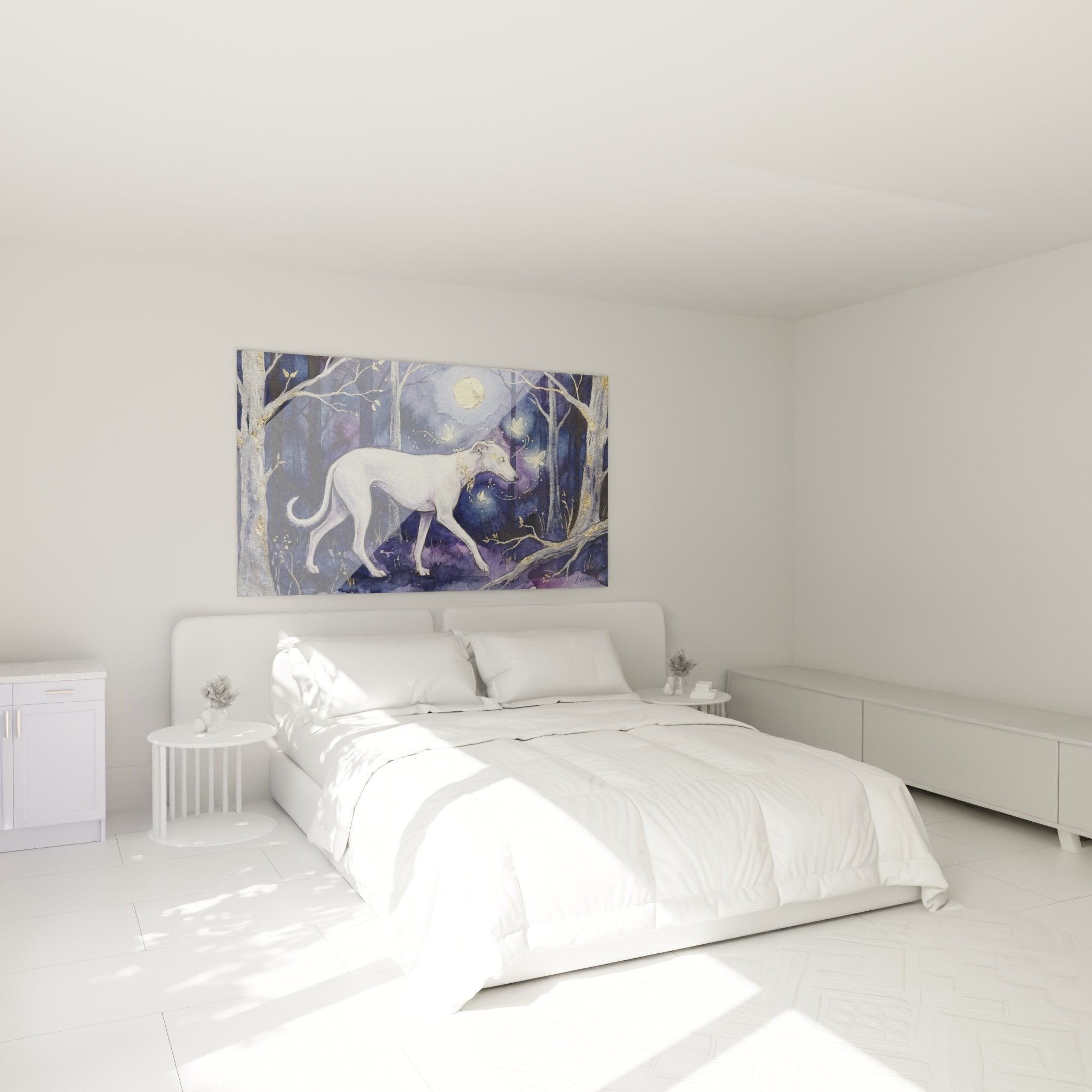 Décoration chambre avec tableau lévrier blanc mystique dans ambiance nocturne féerique